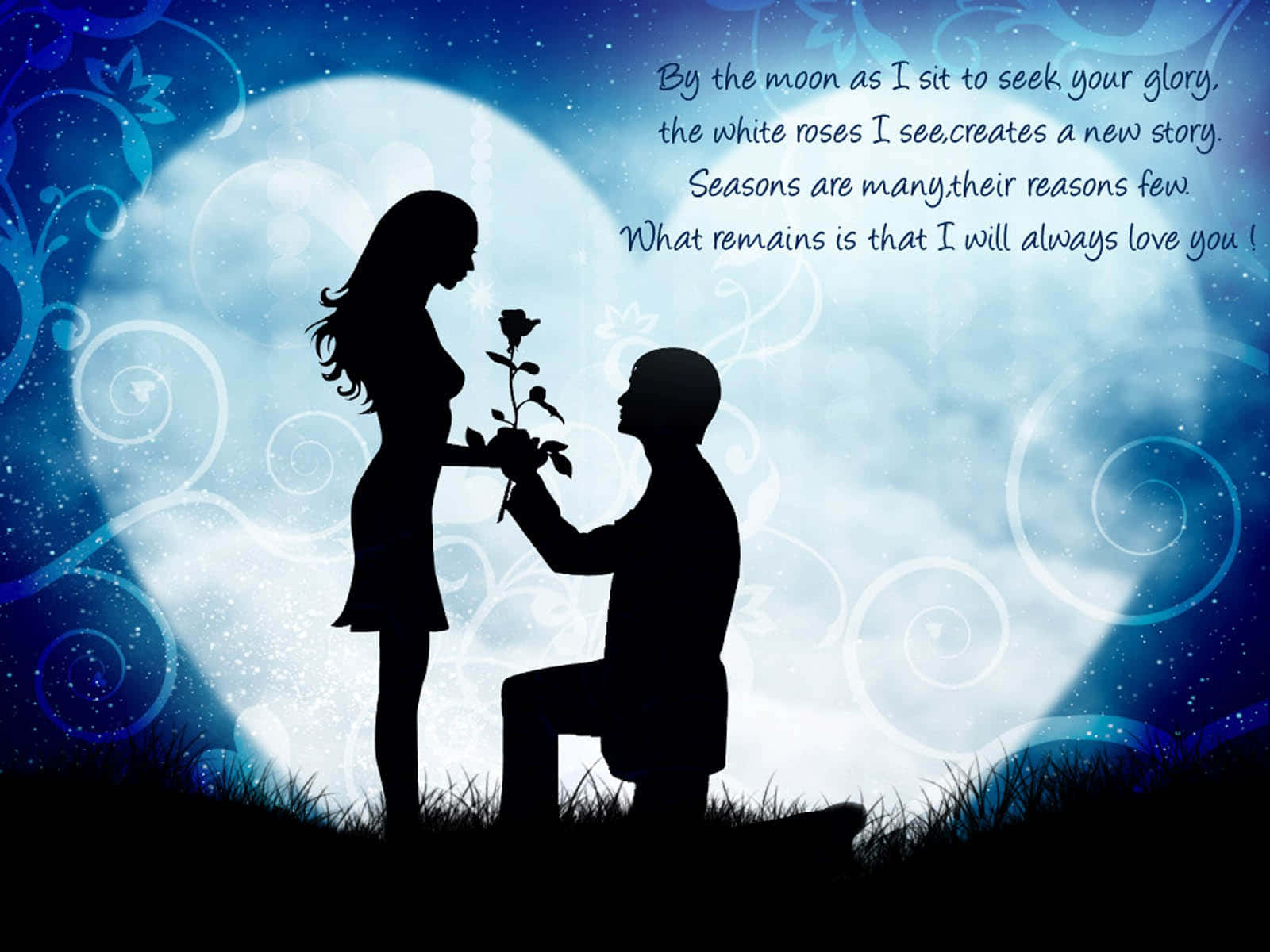 moonlit proposal silhouette, glowing moon, swirling blue patterns, HD Desktop Wallpaper