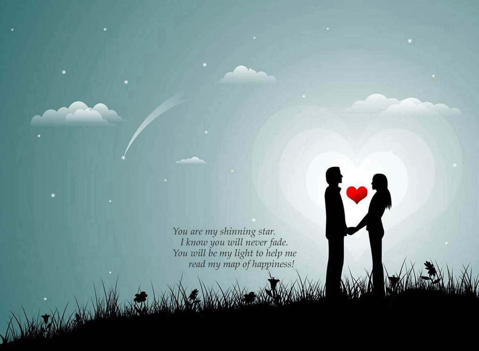silhouette couple, starry sky, heart-shaped glow, HD Desktop Wallpaper