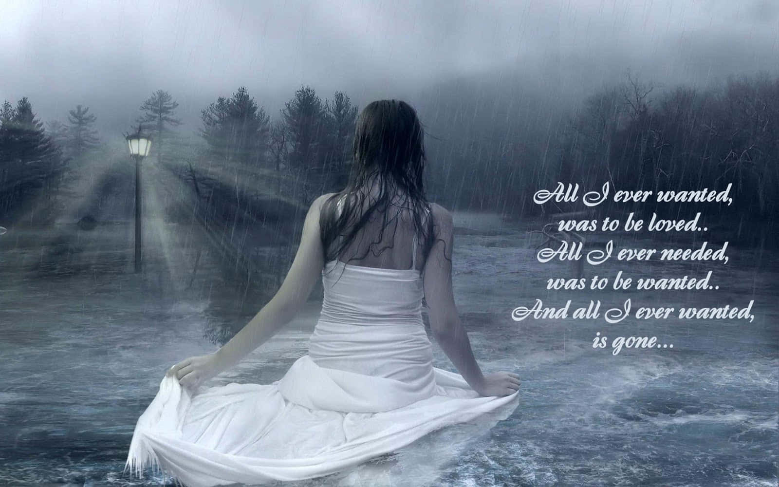 white dress, rain-soaked field, lone lamppost, HD Desktop Wallpaper