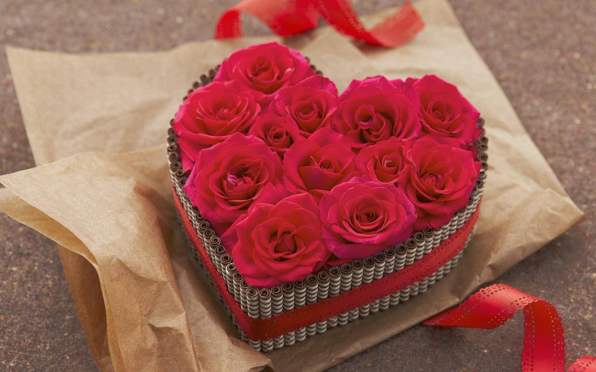 heart-shaped box, vibrant red roses, brown paper, Full HD Desktop Wallpaper