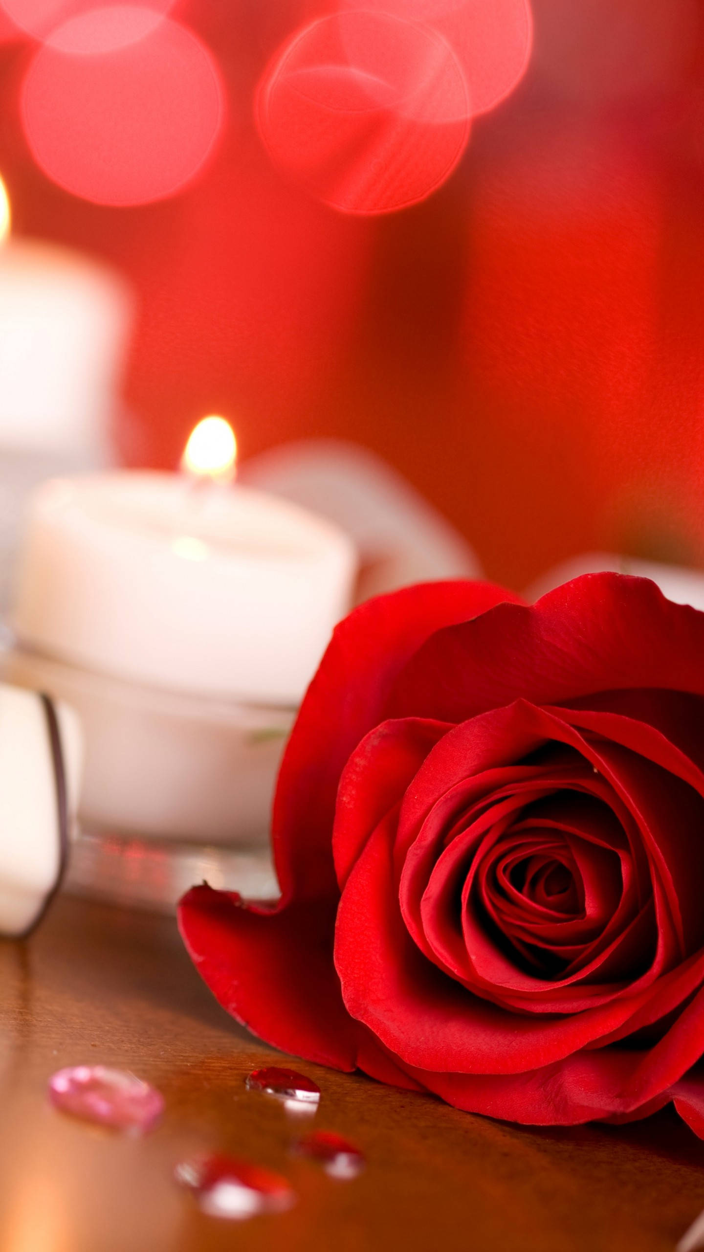 Romantic Rose, candle, vibrant red rose, 2K Phone Wallpaper