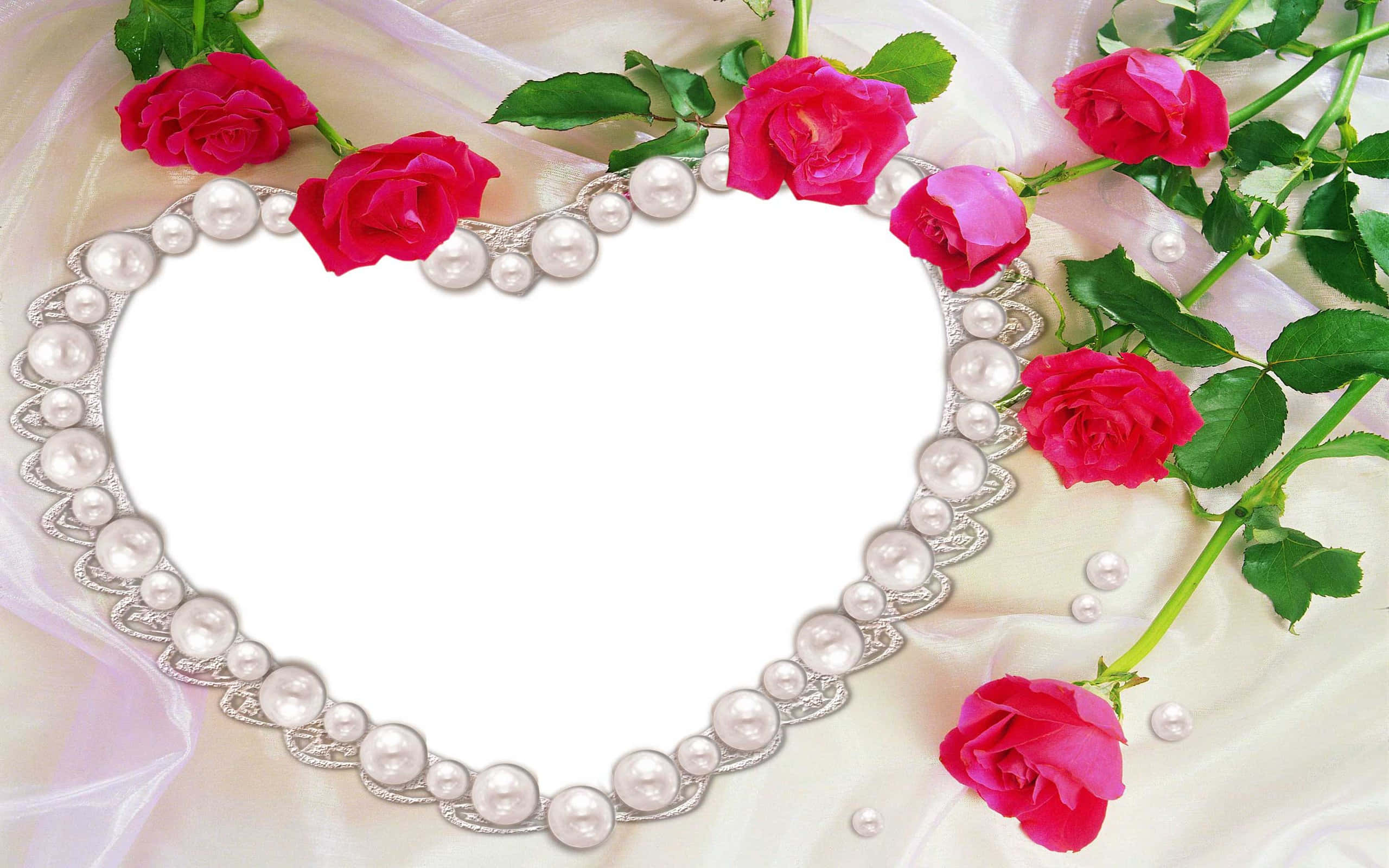 rose heart, pearl frame, vibrant pink roses, 2K Desktop Wallpaper