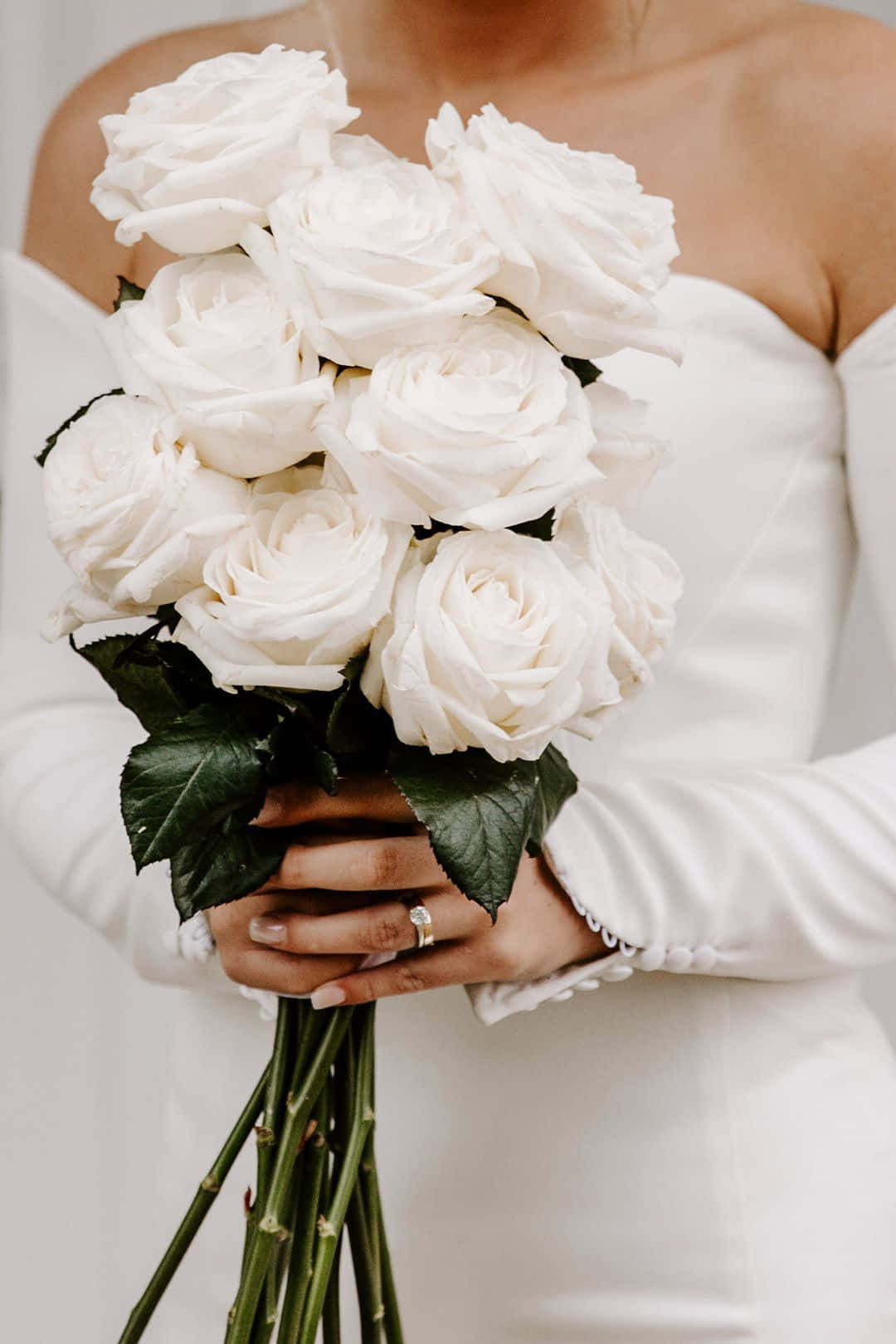 white off-shoulder gown, pristine white roses, dark green leaves, HD Phone Wallpaper