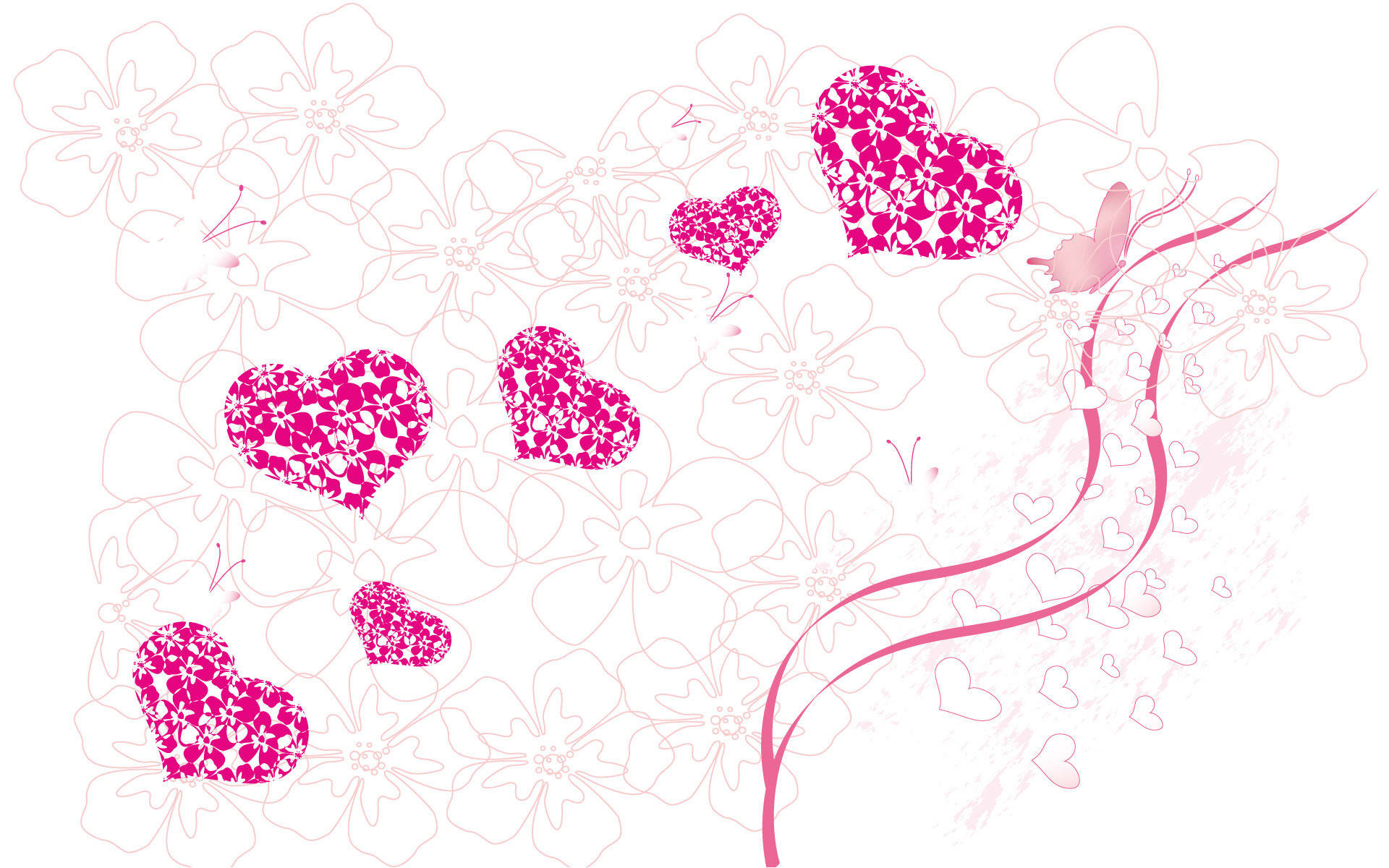 pretty pink heart, pink floral hearts, delicate outlined flowers, Full HD Desktop Wallpaper