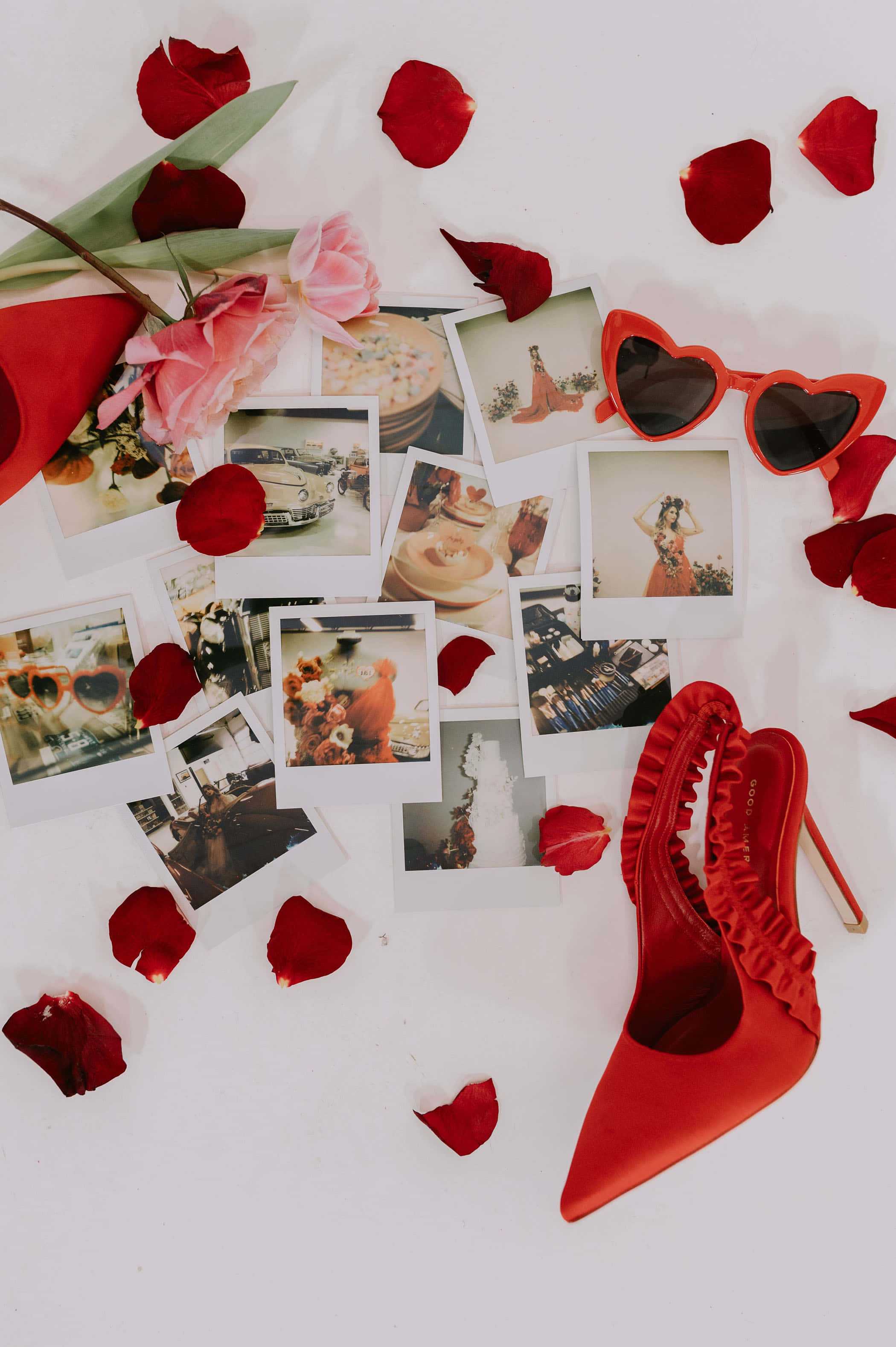 Romantic Red Aesthetic, high heels, heart-shaped sunglasses, 2K Phone Wallpaper