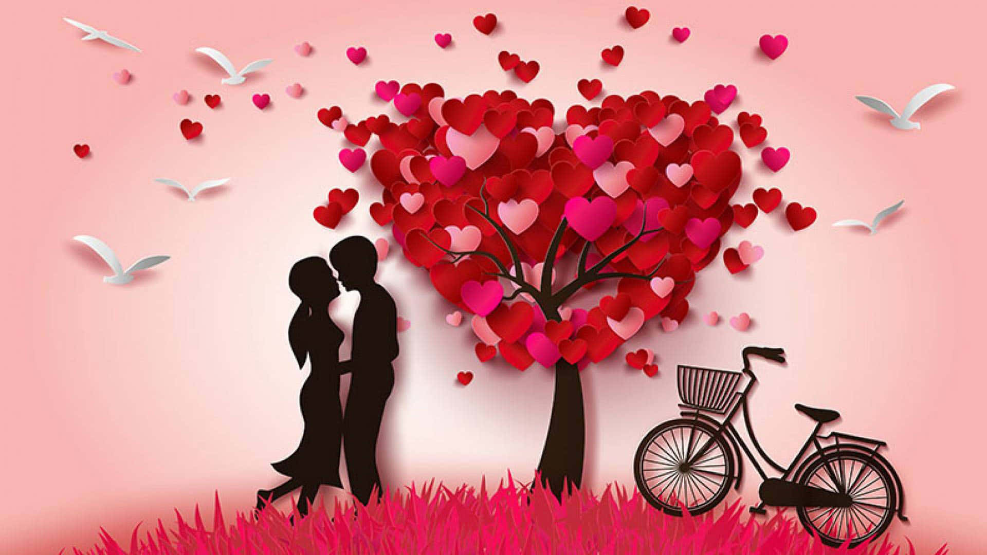 Romantic Pink Red Aesthetic, heart-shaped tree, layered red hearts, Full HD Desktop Wallpaper