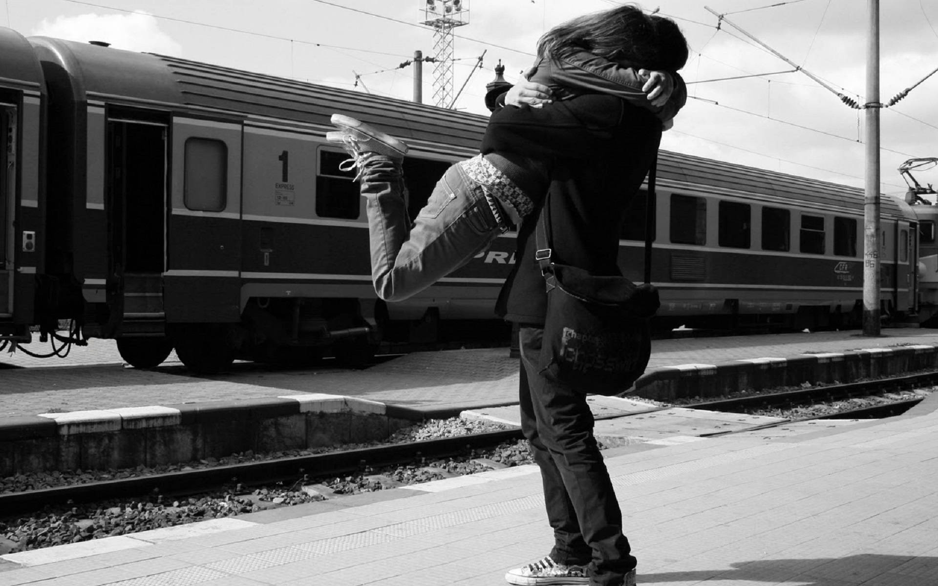 train station platform, train, black and white photo, Full HD Desktop Wallpaper