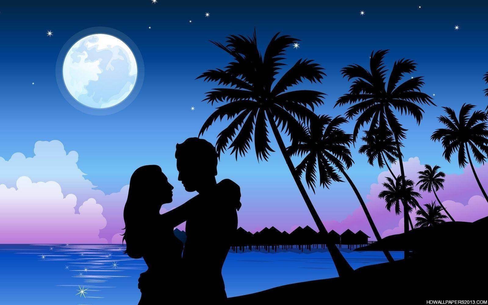 full moon, palm trees, tranquil tropical beach, HD Desktop Wallpaper