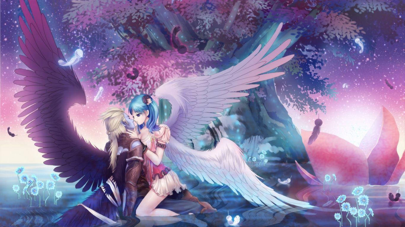 blue-haired angel, white wings, blonde warrior, HD Desktop Wallpaper
