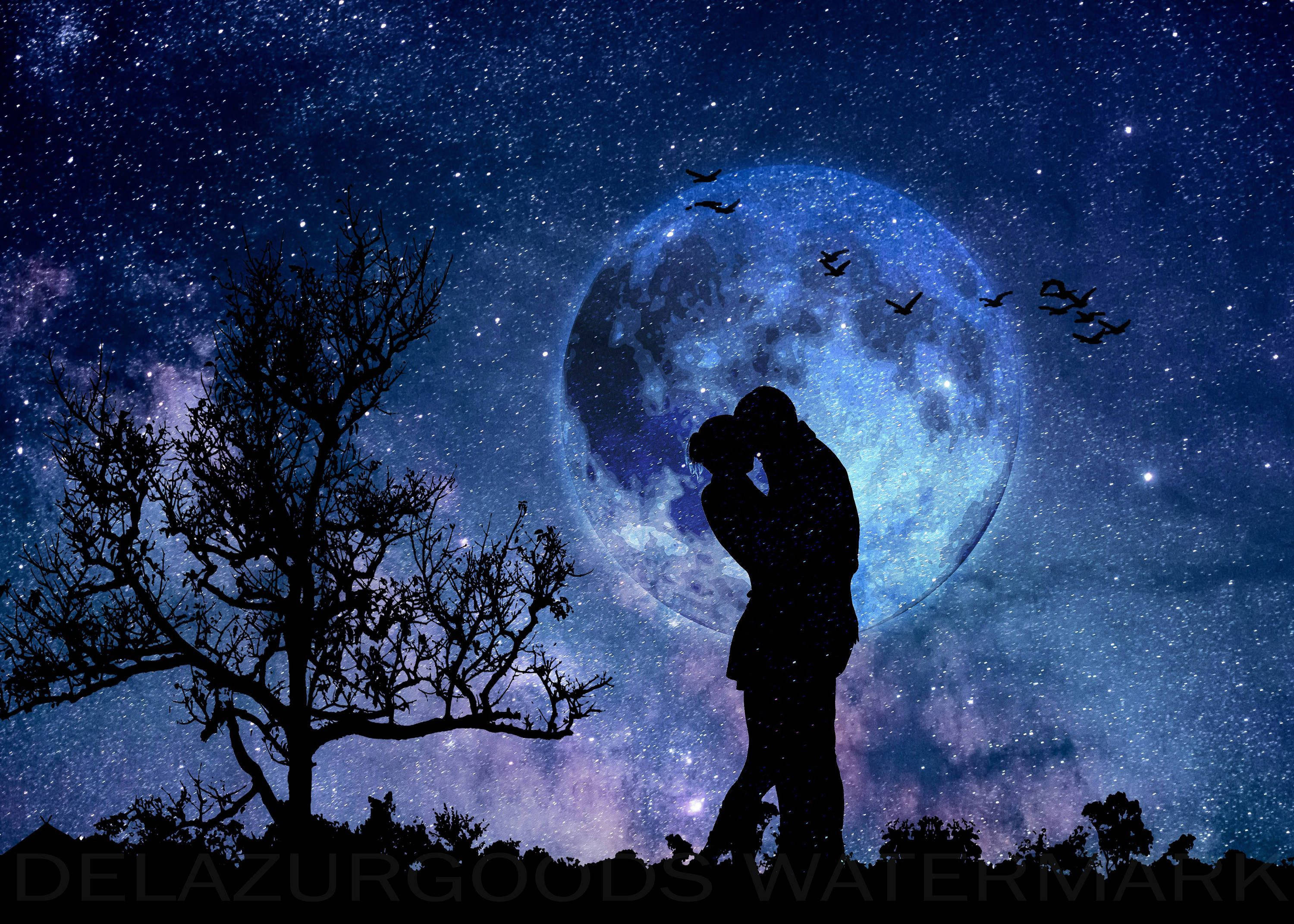 Romantic Scene Witnessed By The Moon, giant moon, starry night sky, 2K Desktop Wallpaper