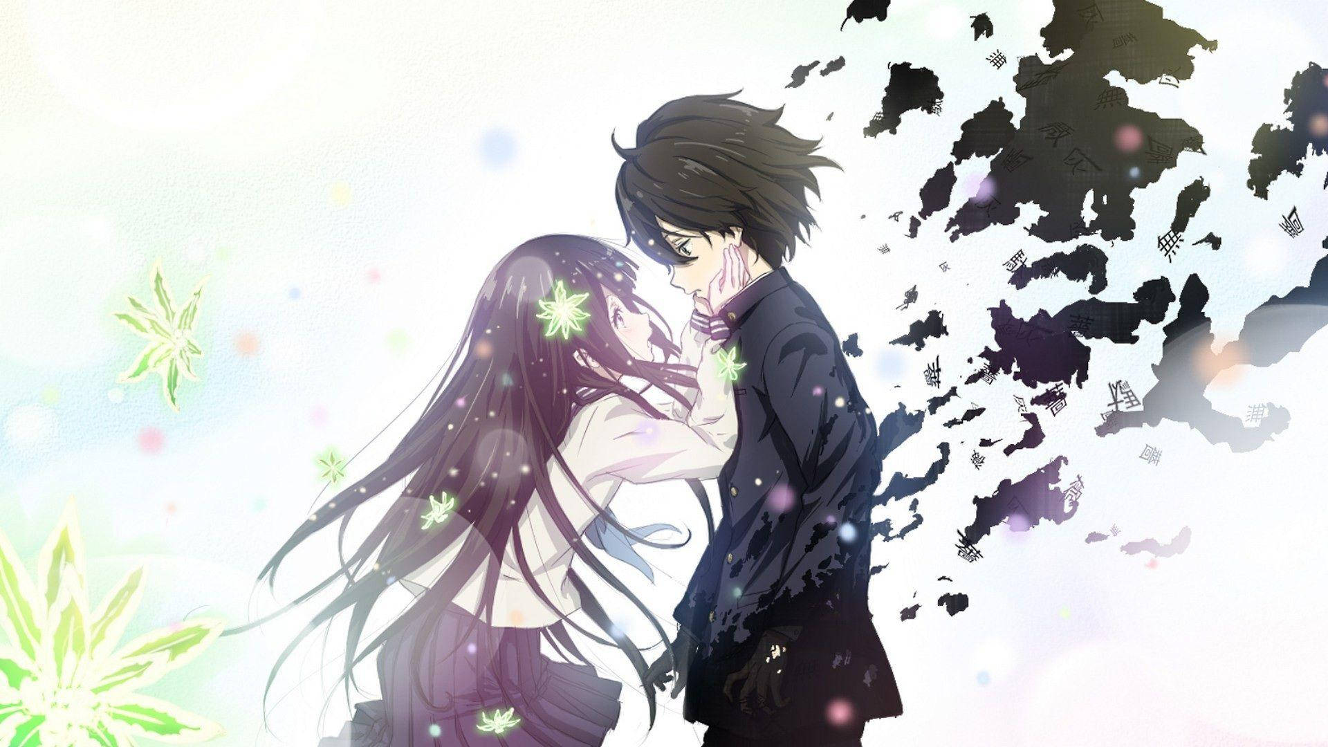 anime couple, glowing green flowers, soft white background, Full HD Desktop Wallpaper