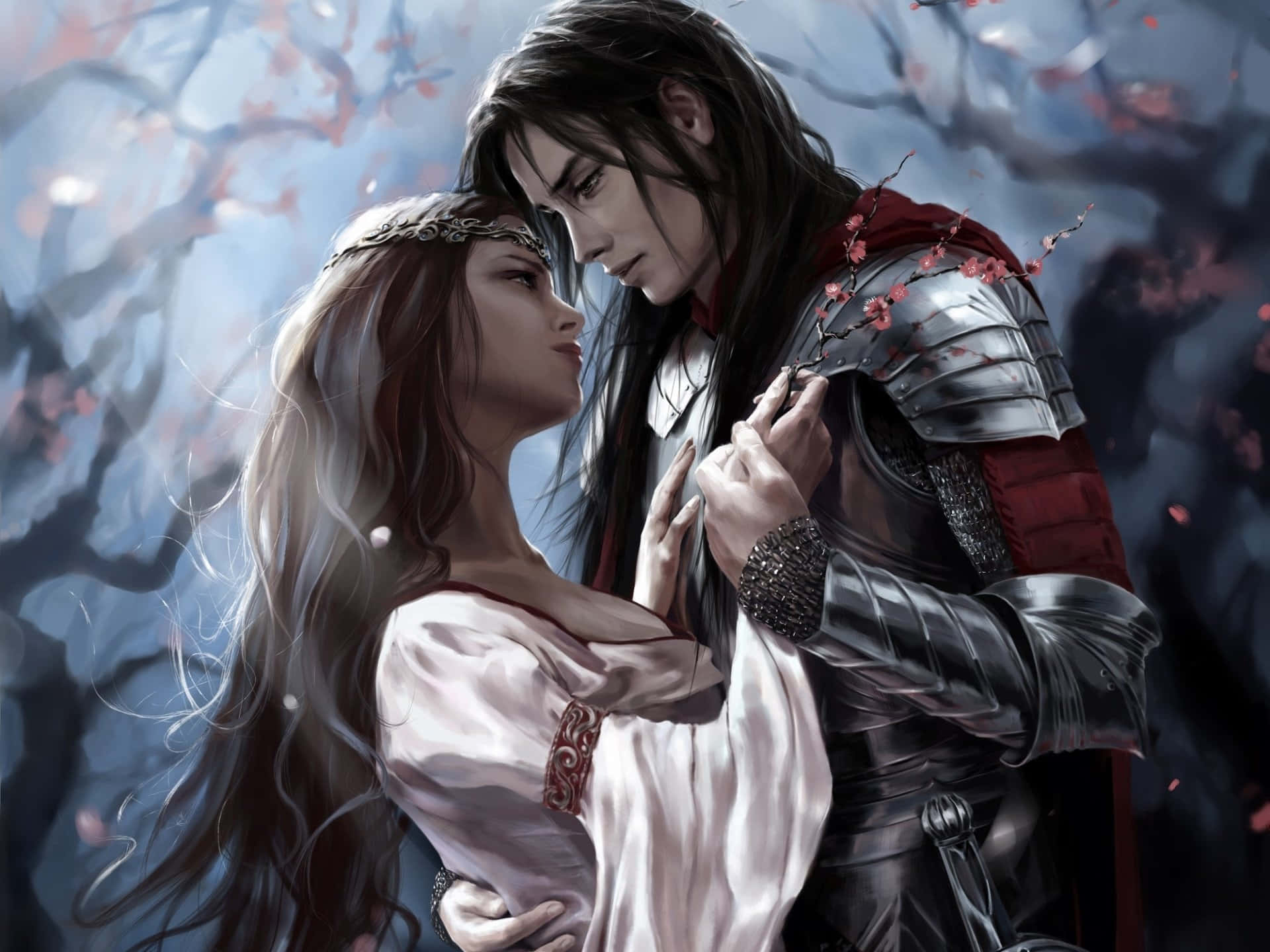 knight, woman in white, blooming cherry blossoms, Full HD Desktop Wallpaper