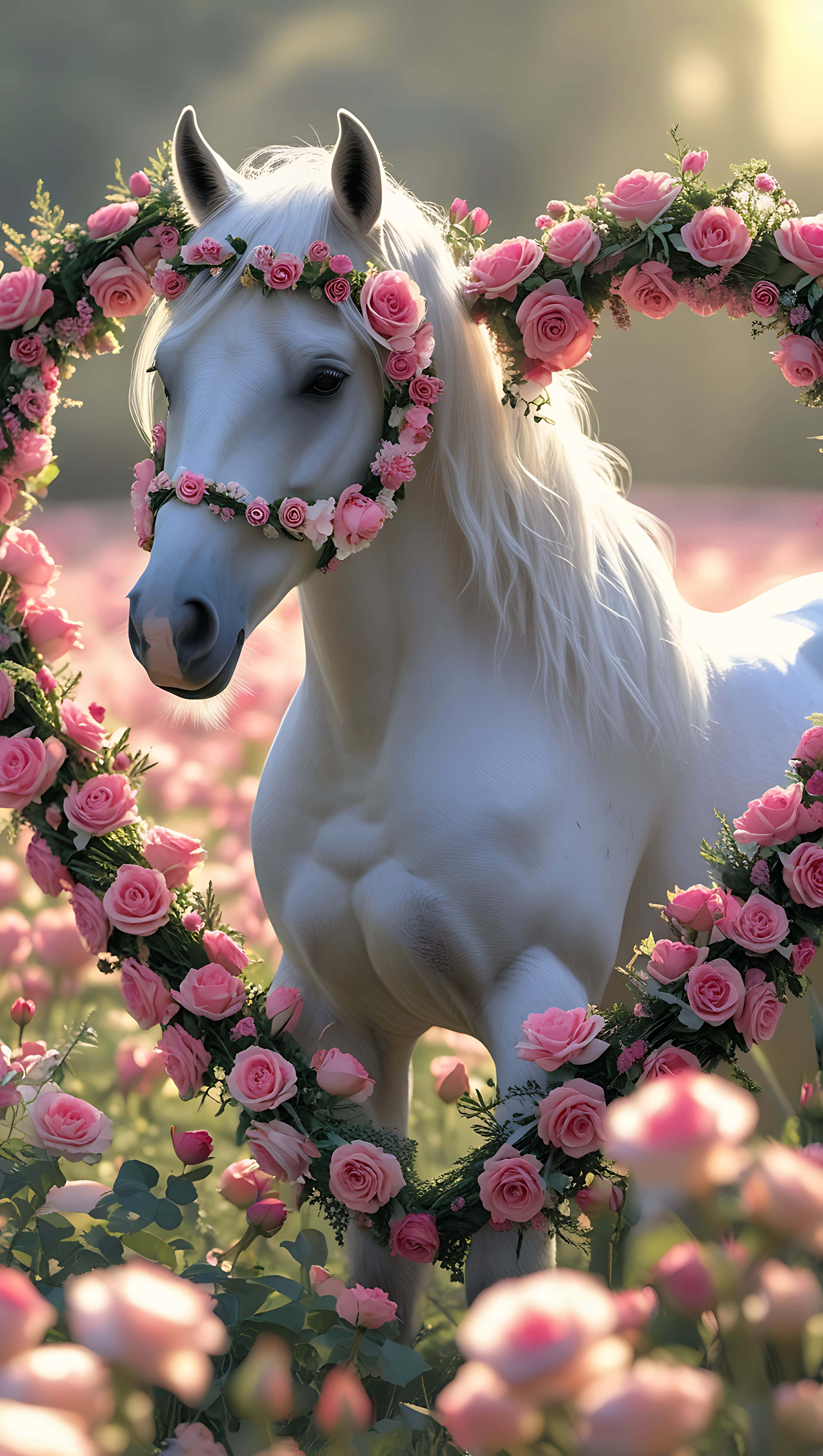 pristine white horse, pink rose wreath, heart-shaped floral arch, 5K Phone Wallpaper