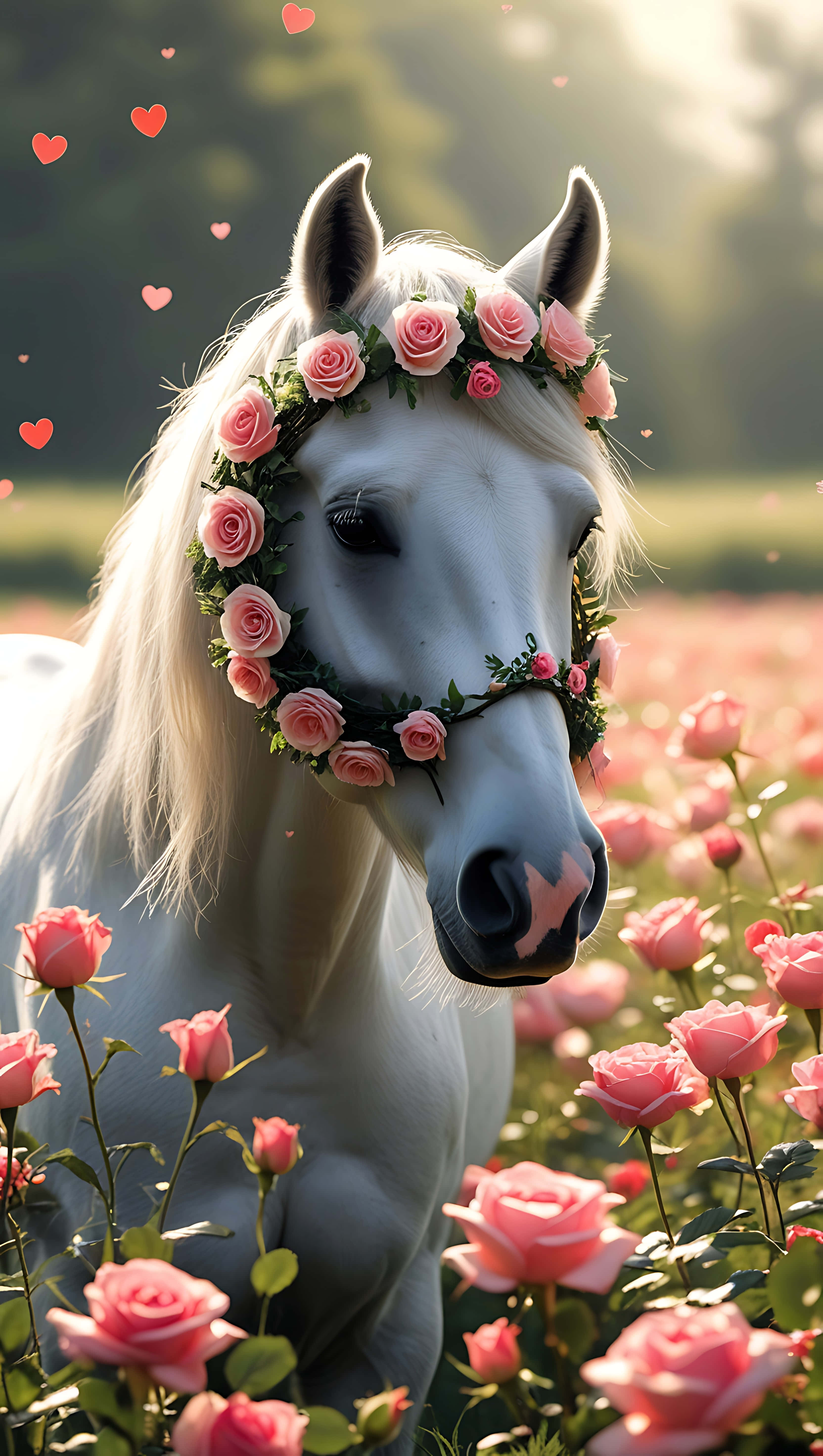 white horse, pink rose wreath, sunlit field of blooming pink roses, 5K Phone Wallpaper