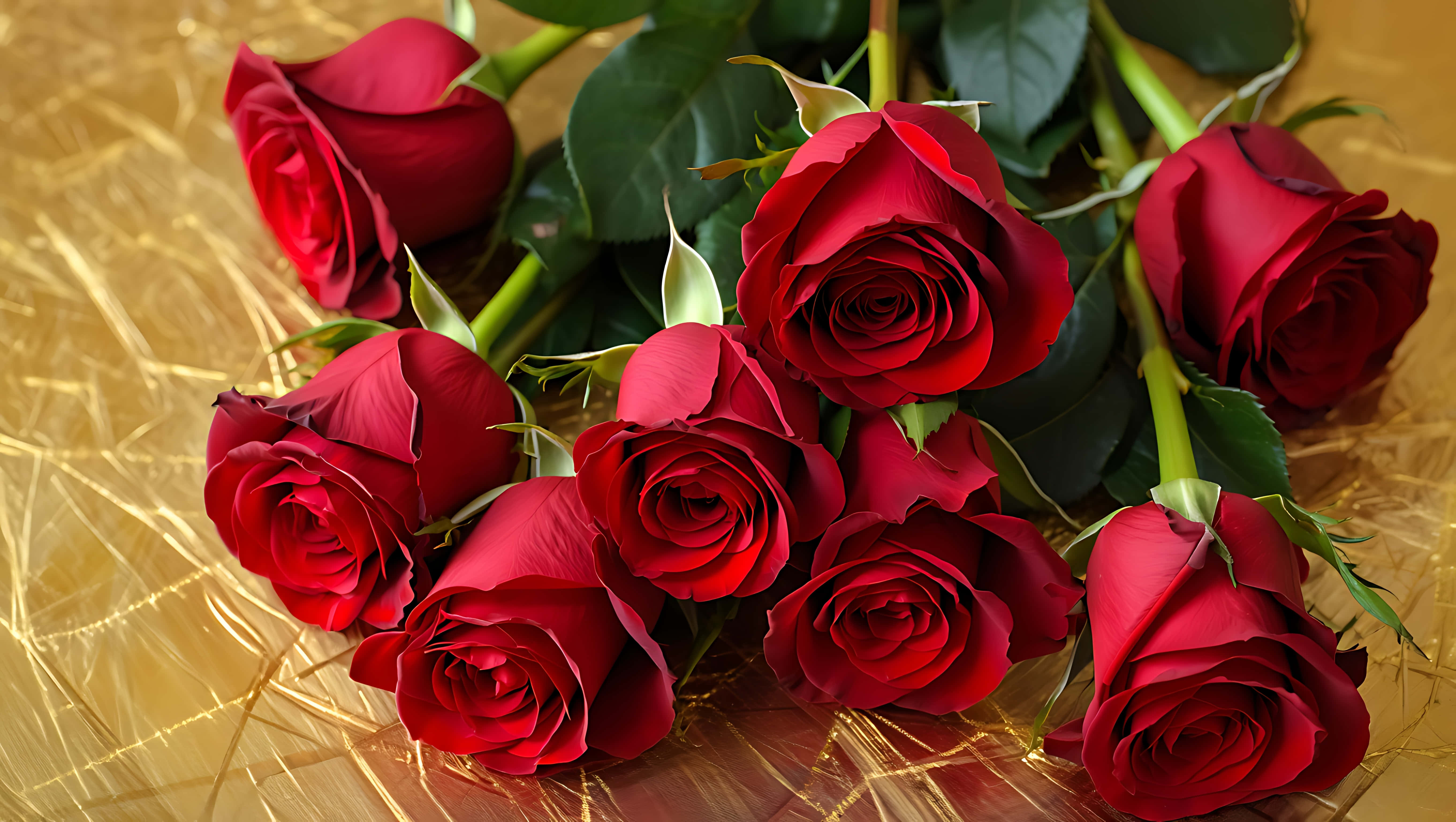 elegant red roses, golden background, textured golden surface, 5K Desktop Wallpaper