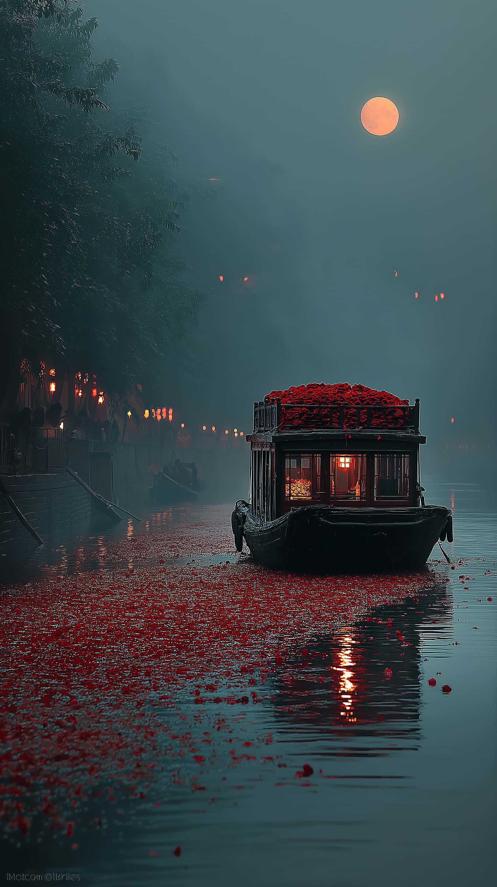 moonlit floral boat, tranquil waters, glowing orange moon, 2K Phone Wallpaper