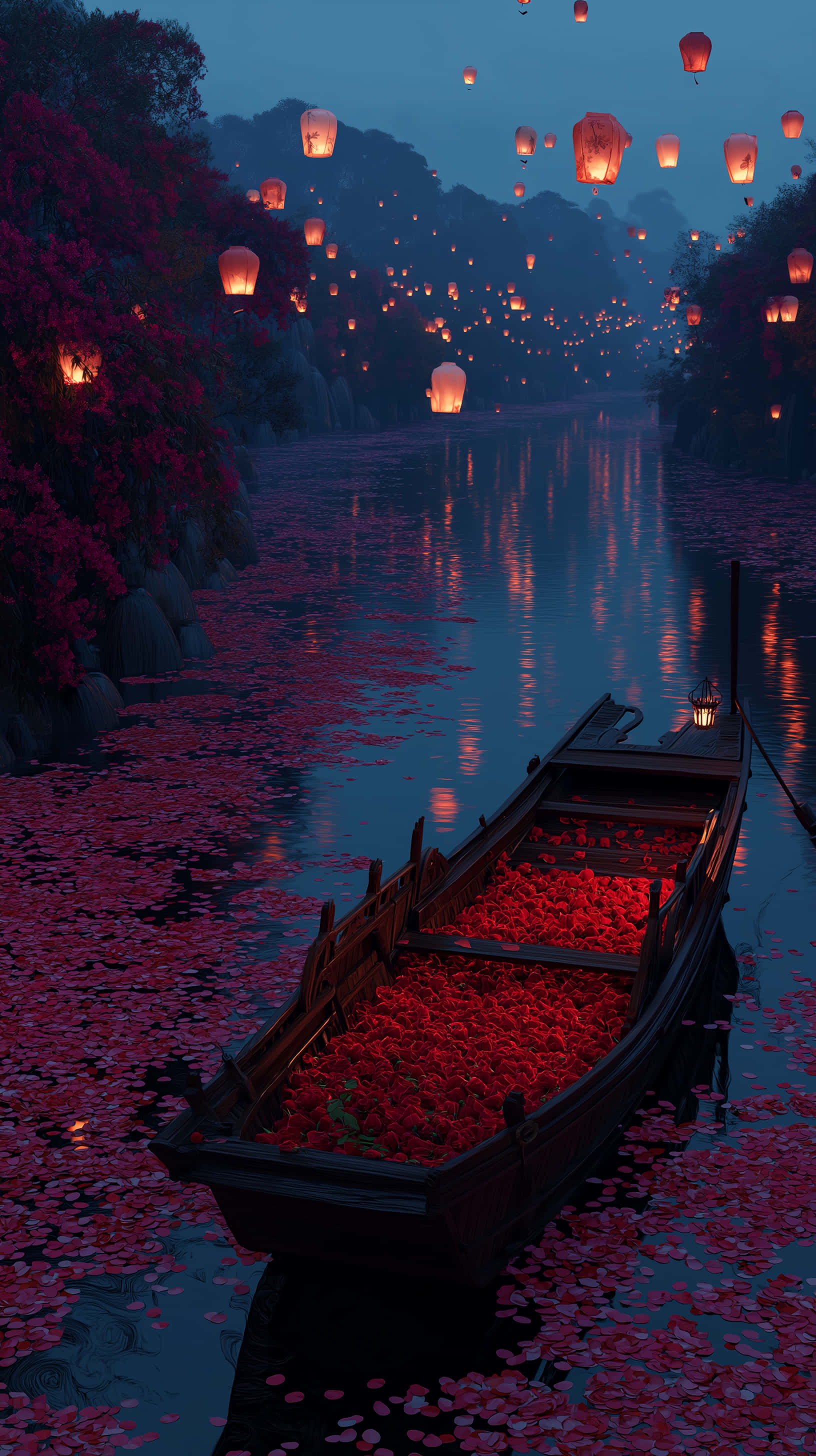 lantern lit river, flower filled boat, red petals, 2K Phone Wallpaper