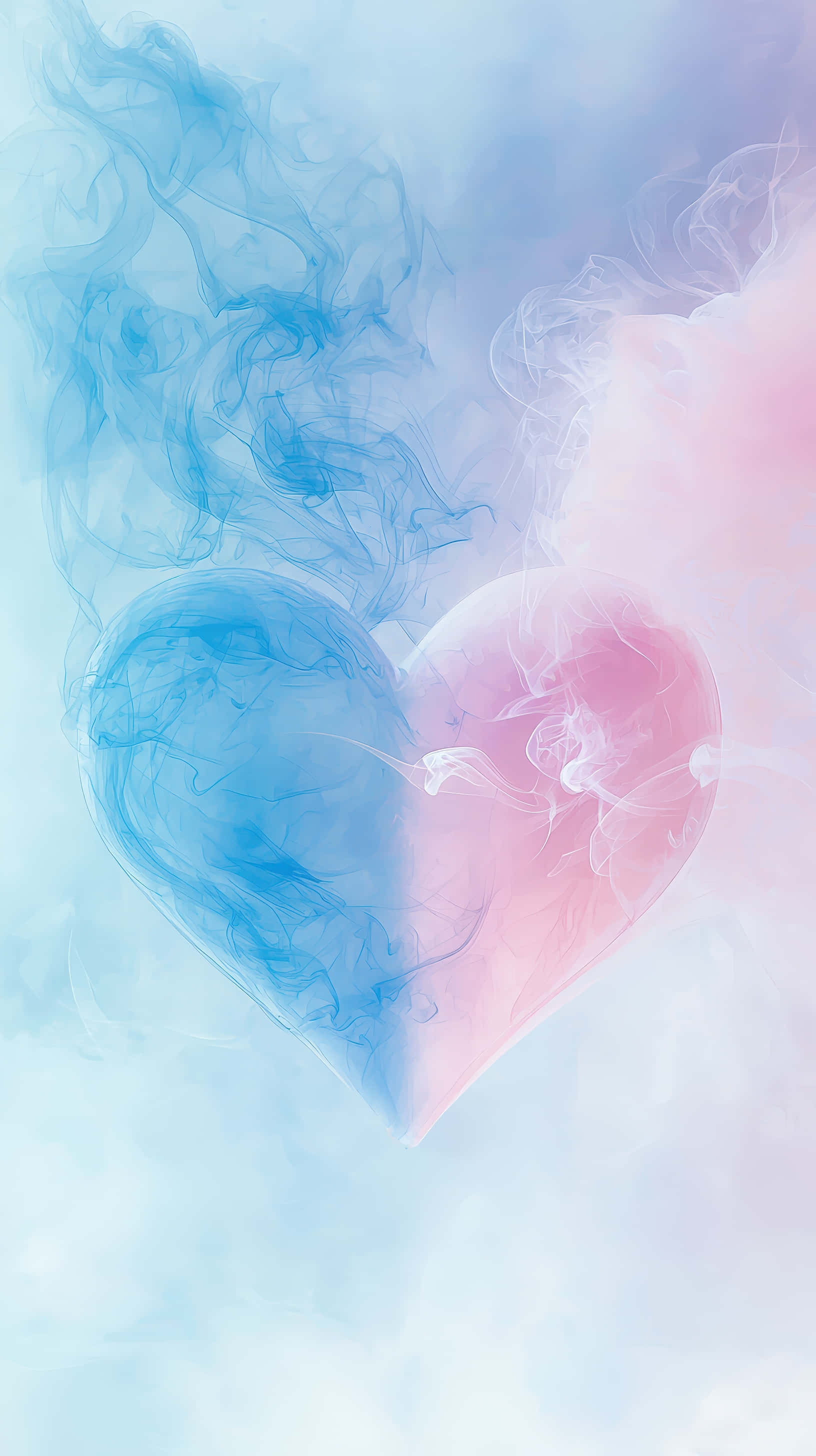blue and pink smoke, heart shaped, soft pastel sky background, 2K Phone Wallpaper