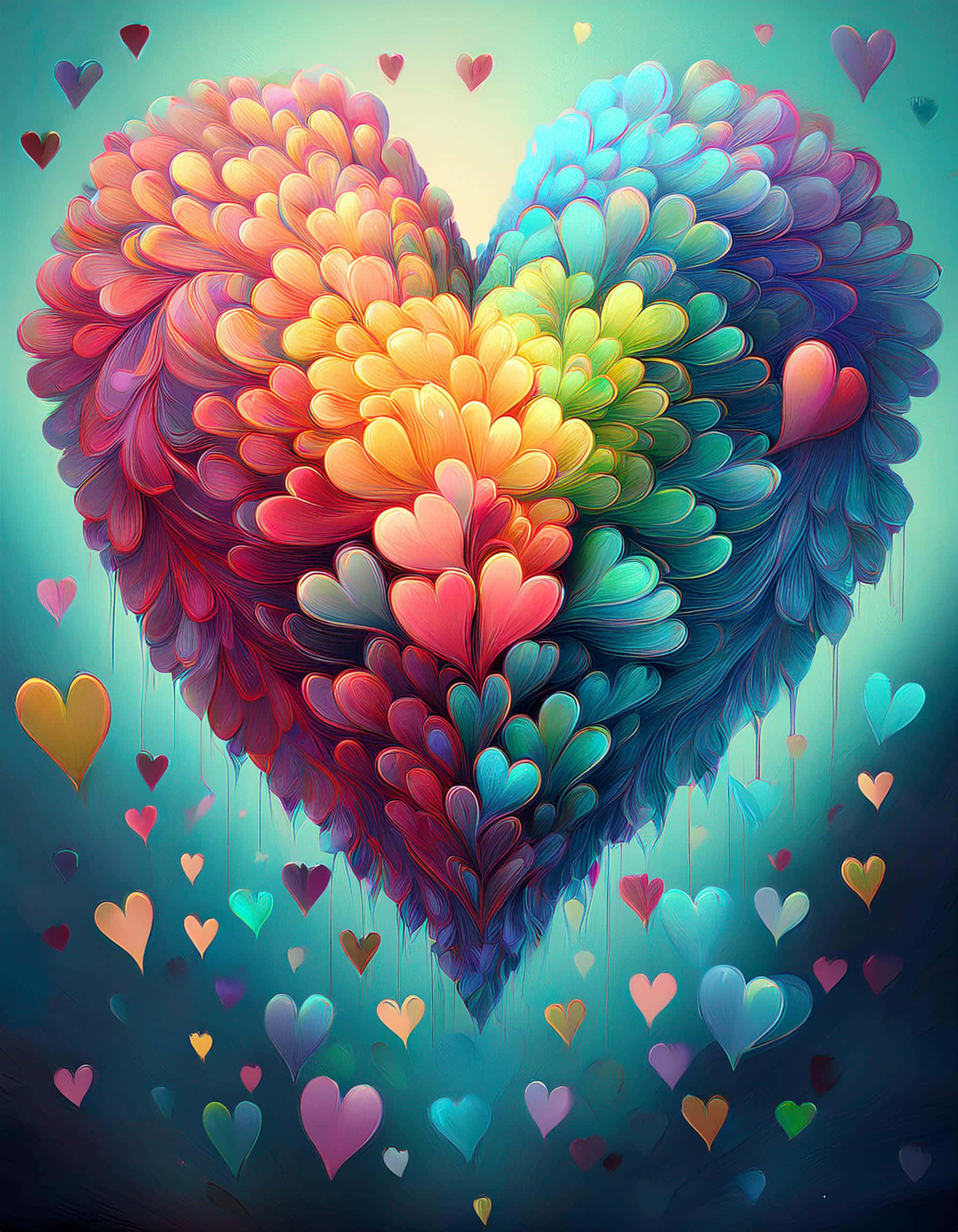 rainbow heart, layered petals, colorful hearts, Full HD Phone Wallpaper