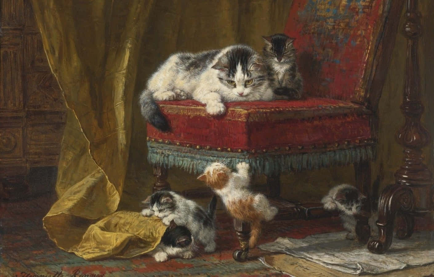 romanticism, mother cat, kittens, HD Desktop Wallpaper
