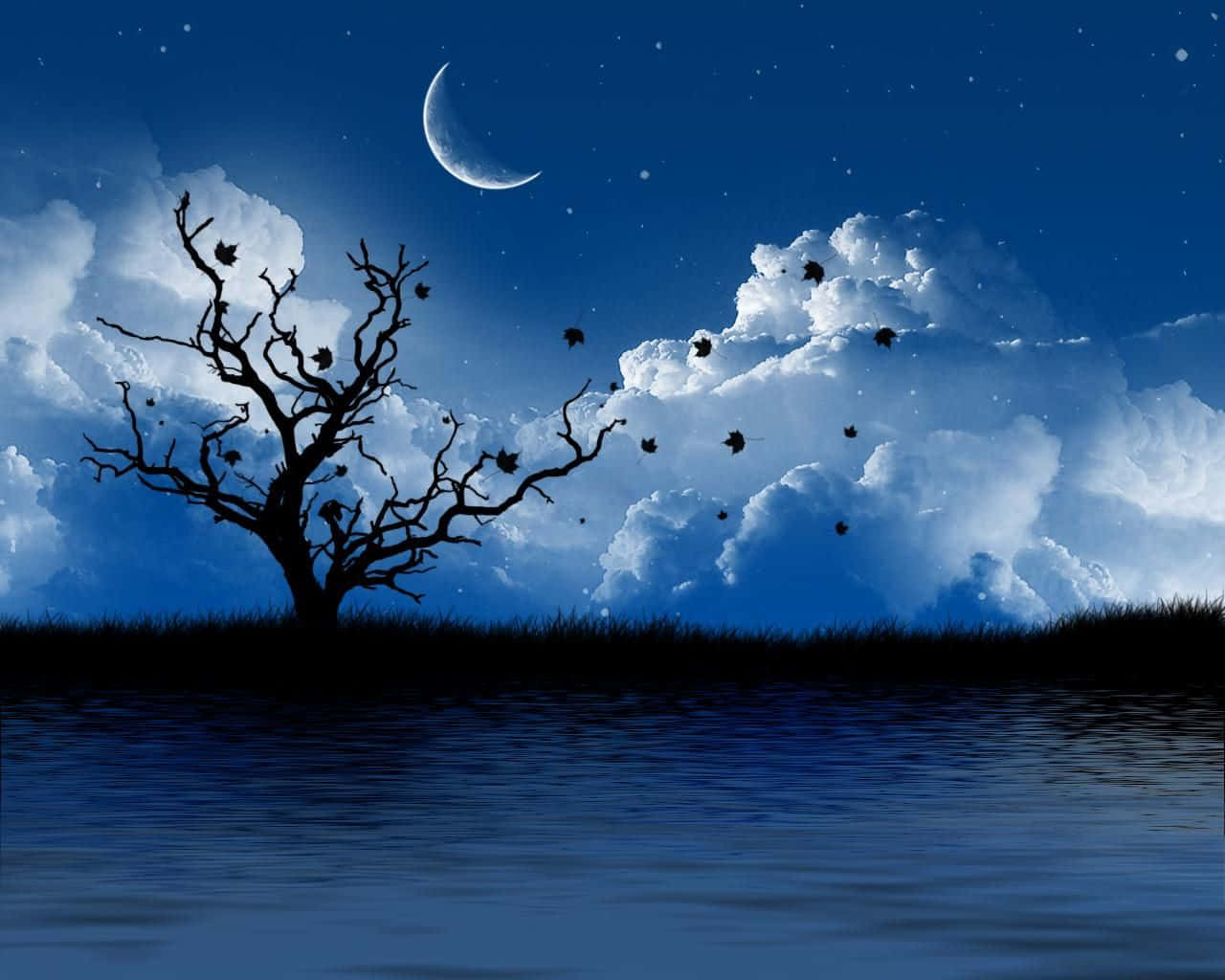 Romanticism, crescent moon, starry sky, HD Desktop Wallpaper