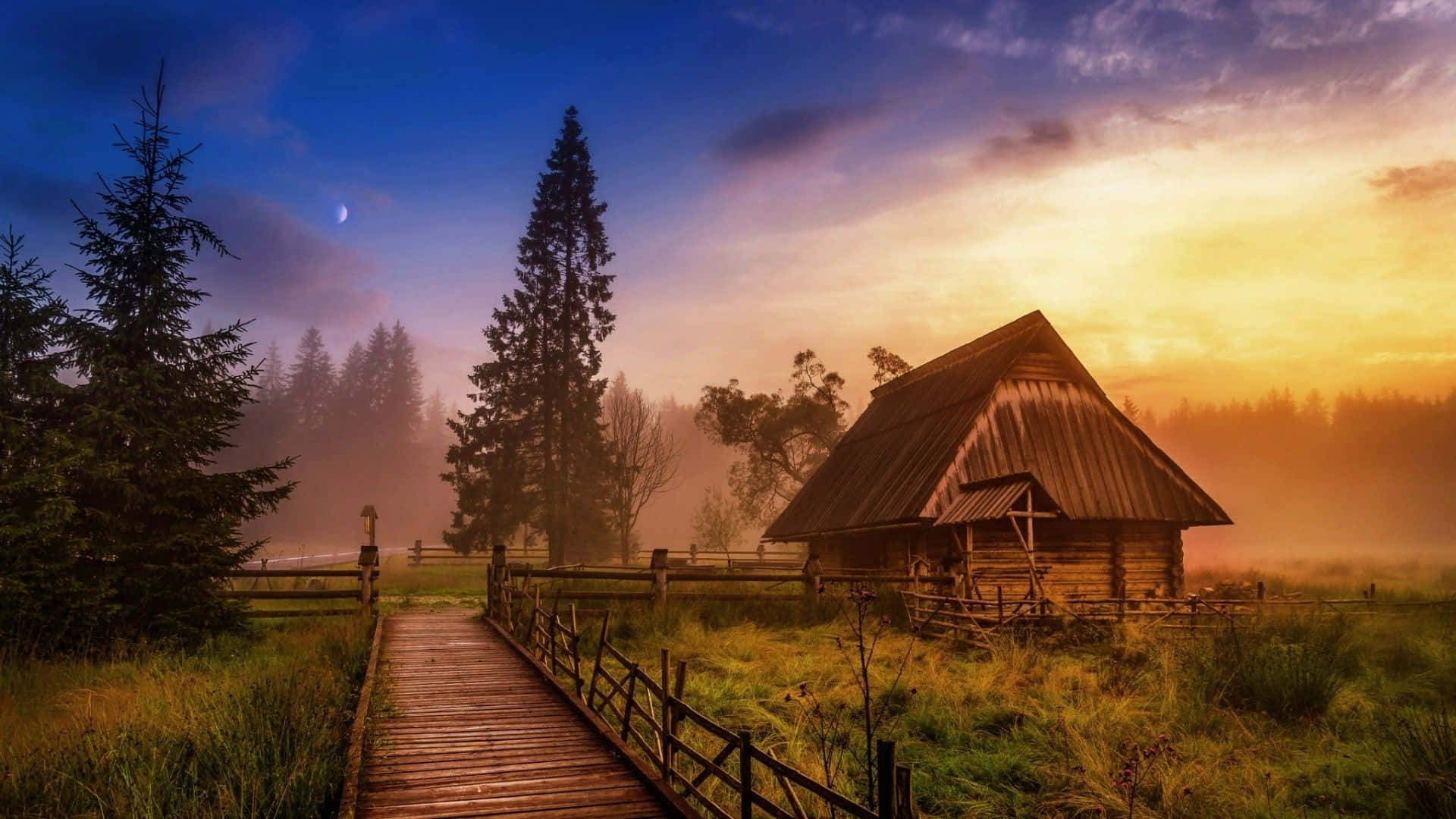 wooden bridge, rustic cabin, misty forest, Full HD Desktop Wallpaper