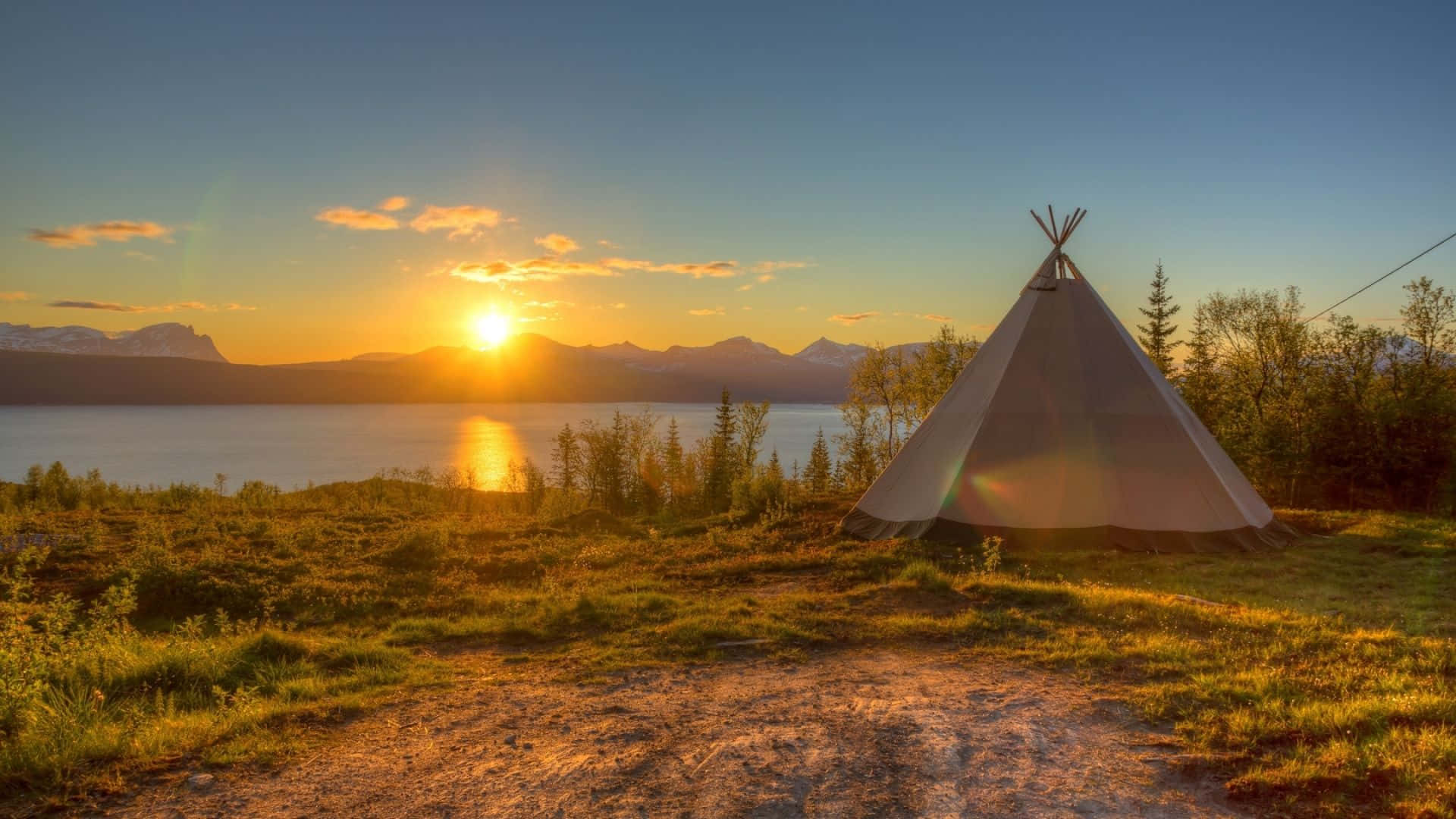 teepee, grassy shore, sunset, Full HD Desktop Wallpaper
