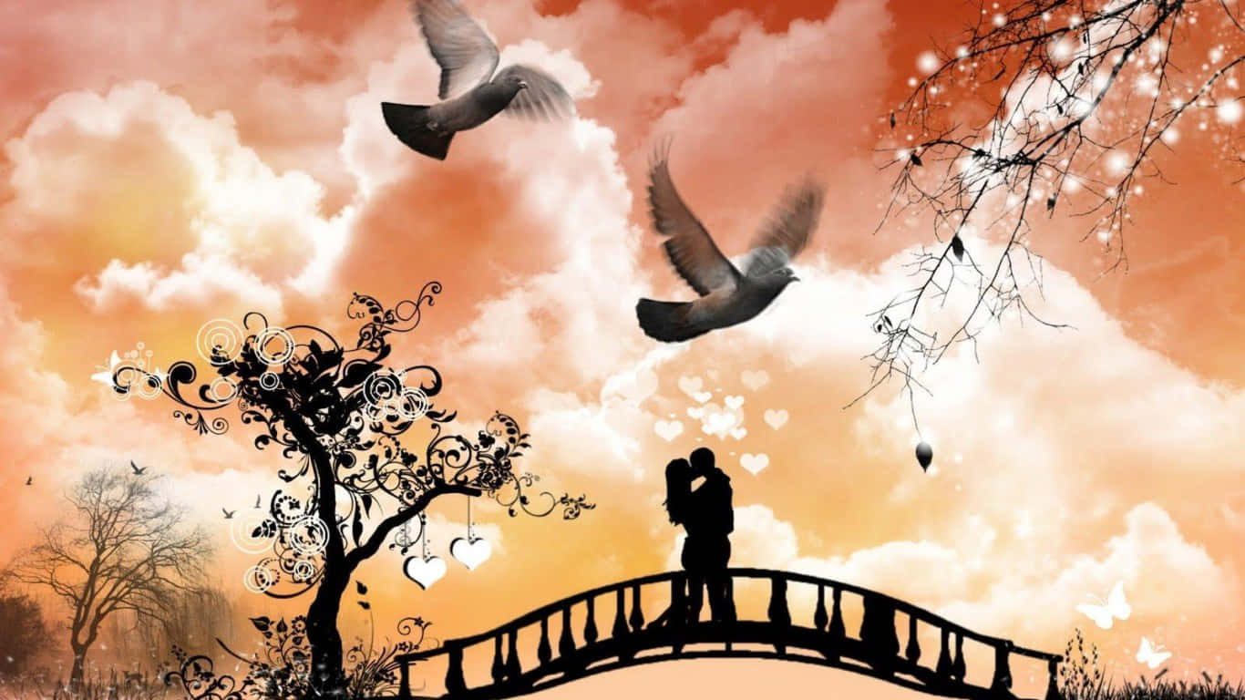 couple, bridge, warm sunset sky, HD Desktop Wallpaper