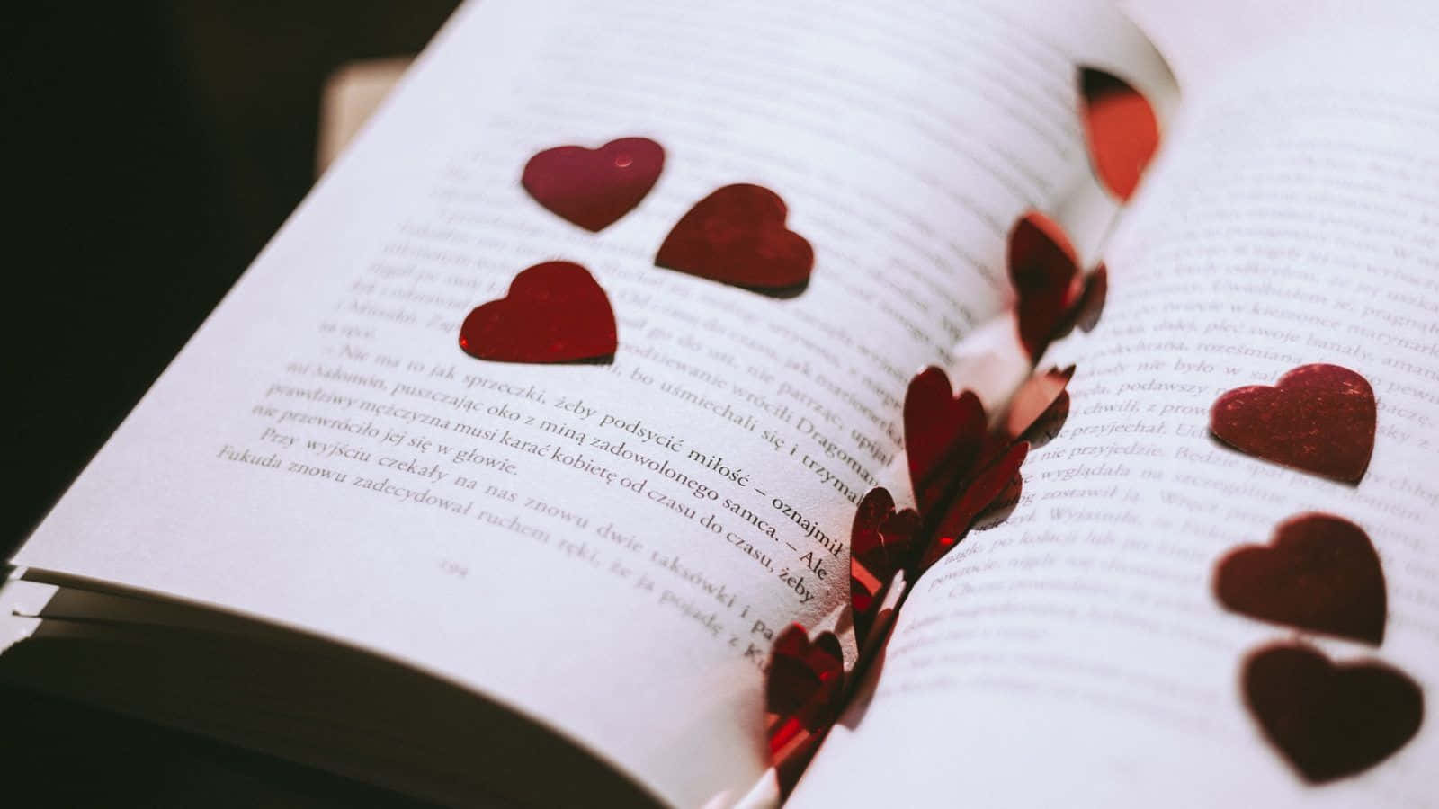 red glittery hearts, open book pages, soft focus background, HD Desktop Wallpaper