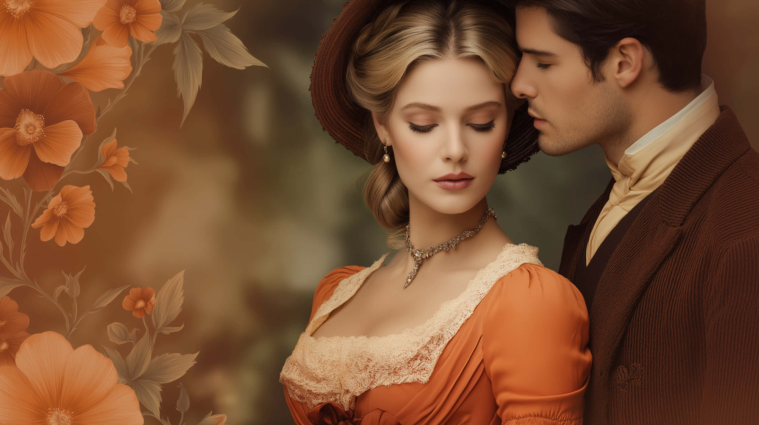 brown suit, orange lace dress, large orange flowers, 2K Desktop Wallpaper