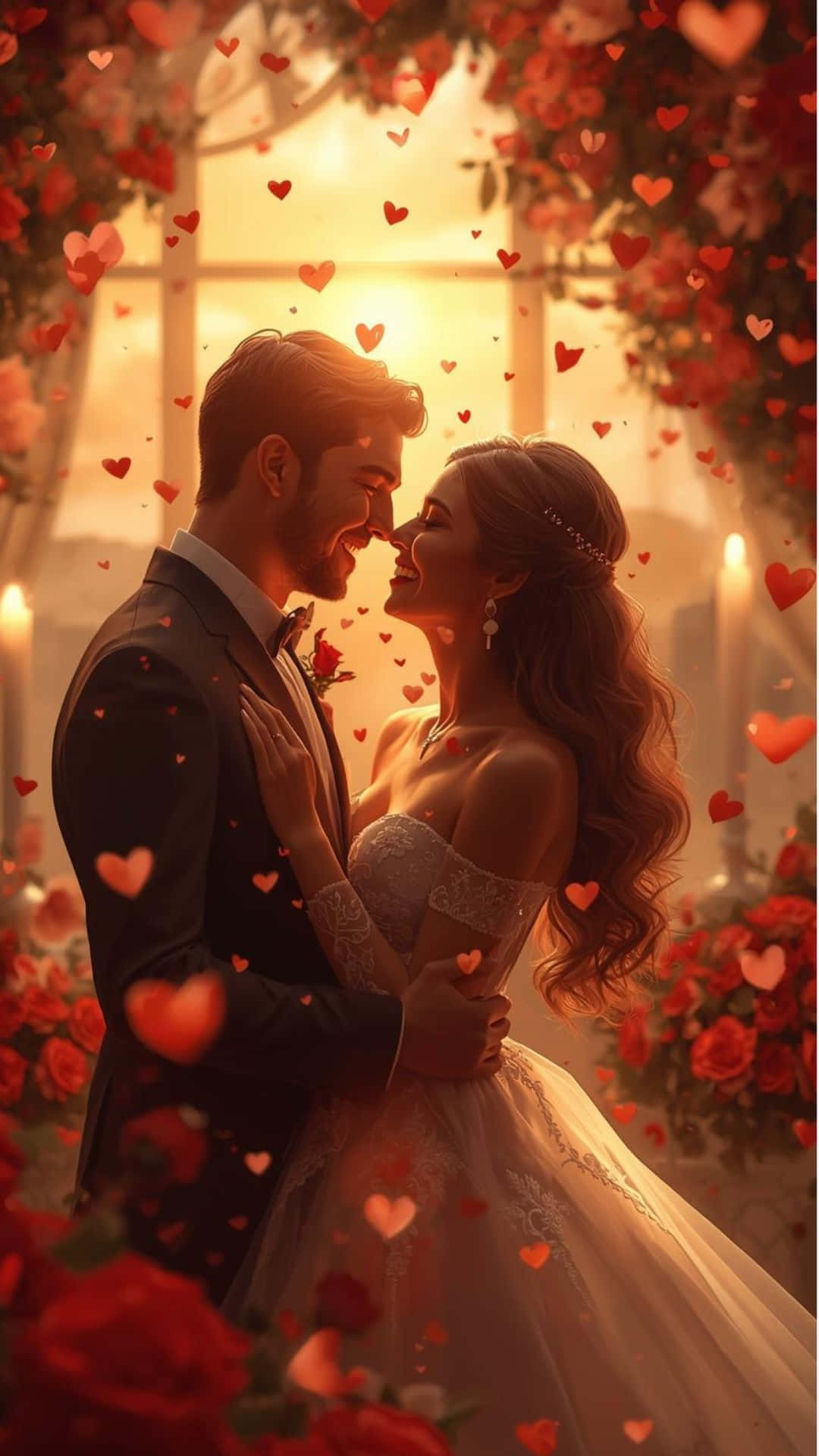 wedding attire, canopy of red roses, glowing hearts, Full HD Phone Wallpaper