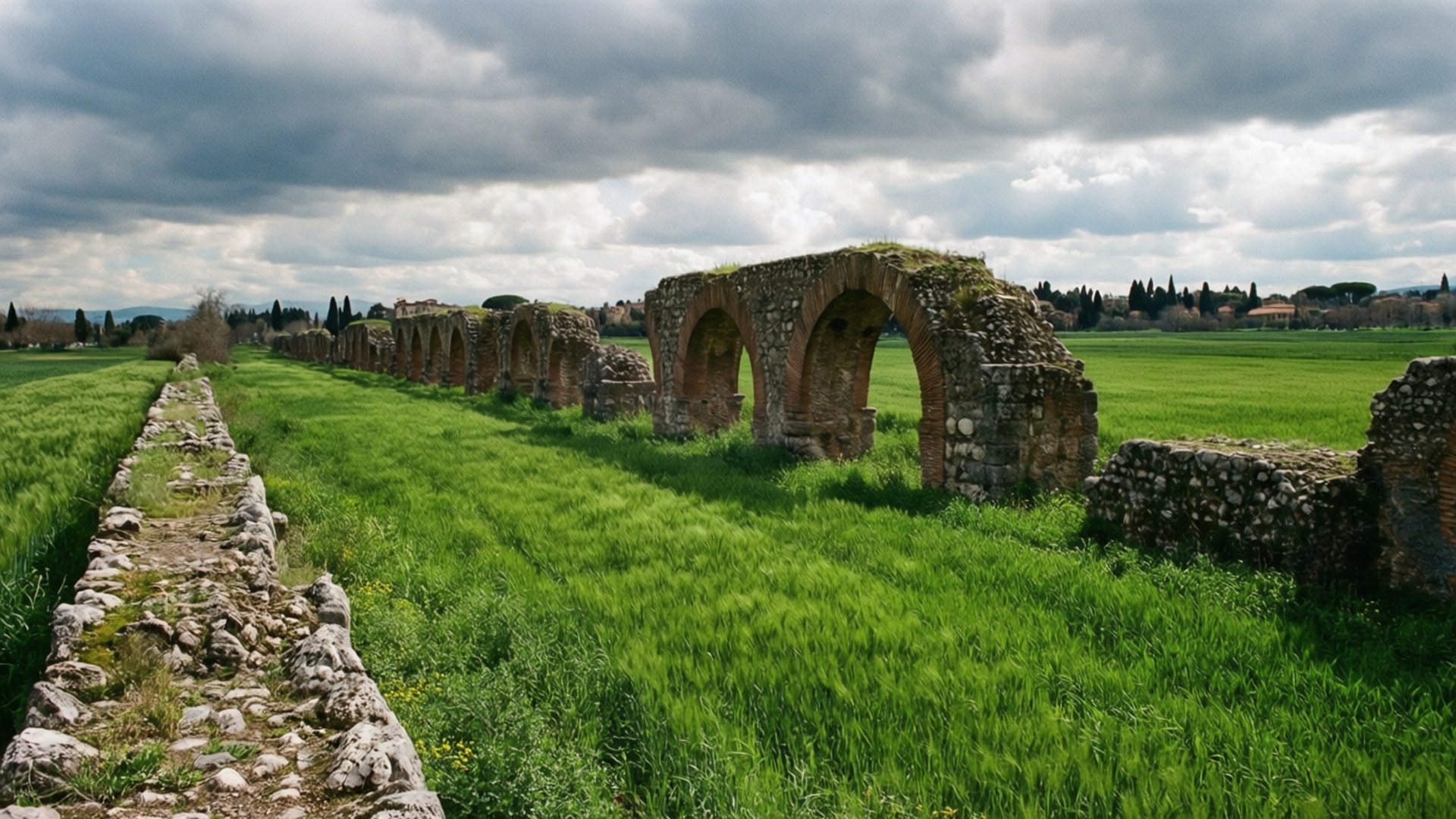 ancient aqueduct, stone aqueduct ruins, mossy arches, Full HD Desktop Wallpaper