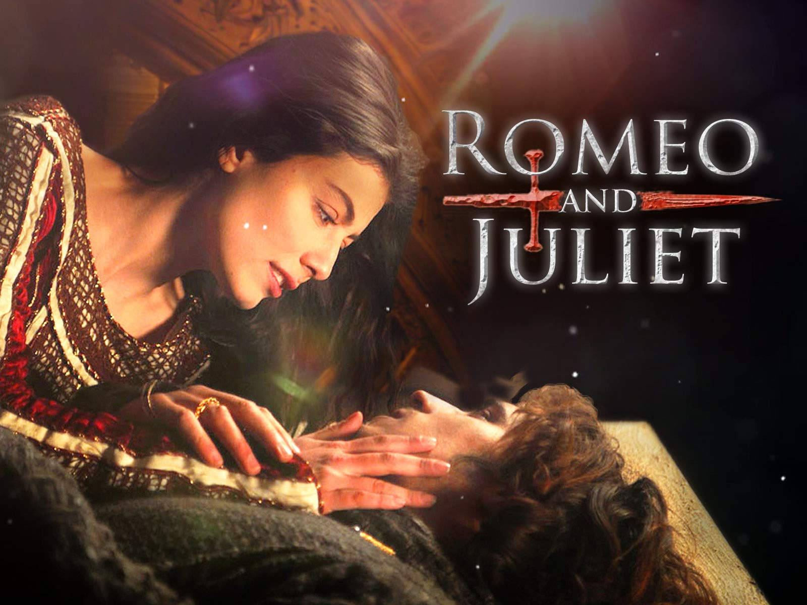 Romeo and Juliet, red and gold attire, light beams, HD Desktop Wallpaper