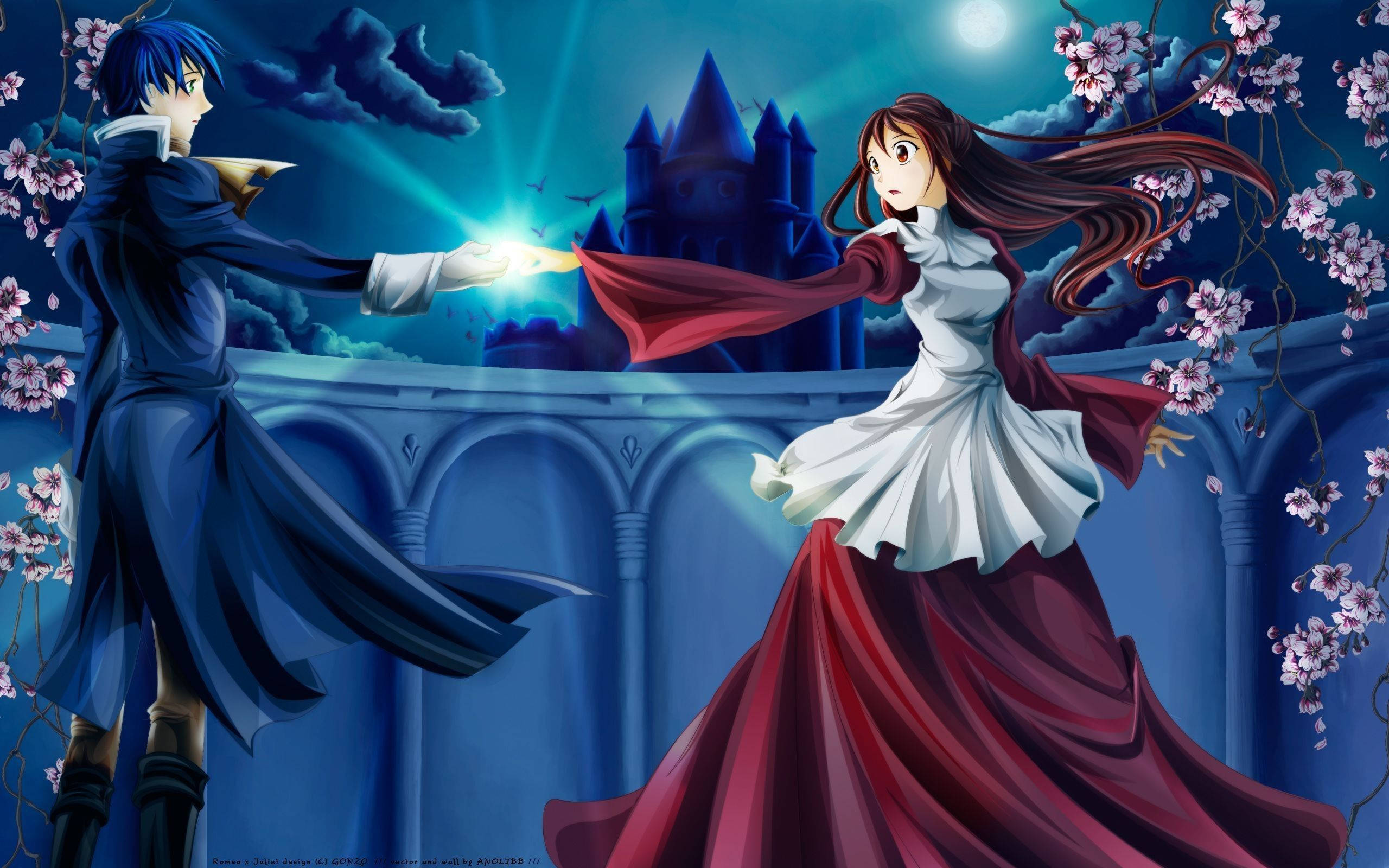 Romeo and juliet, blue-haired anime man, red-robed woman, 2K Desktop Wallpaper