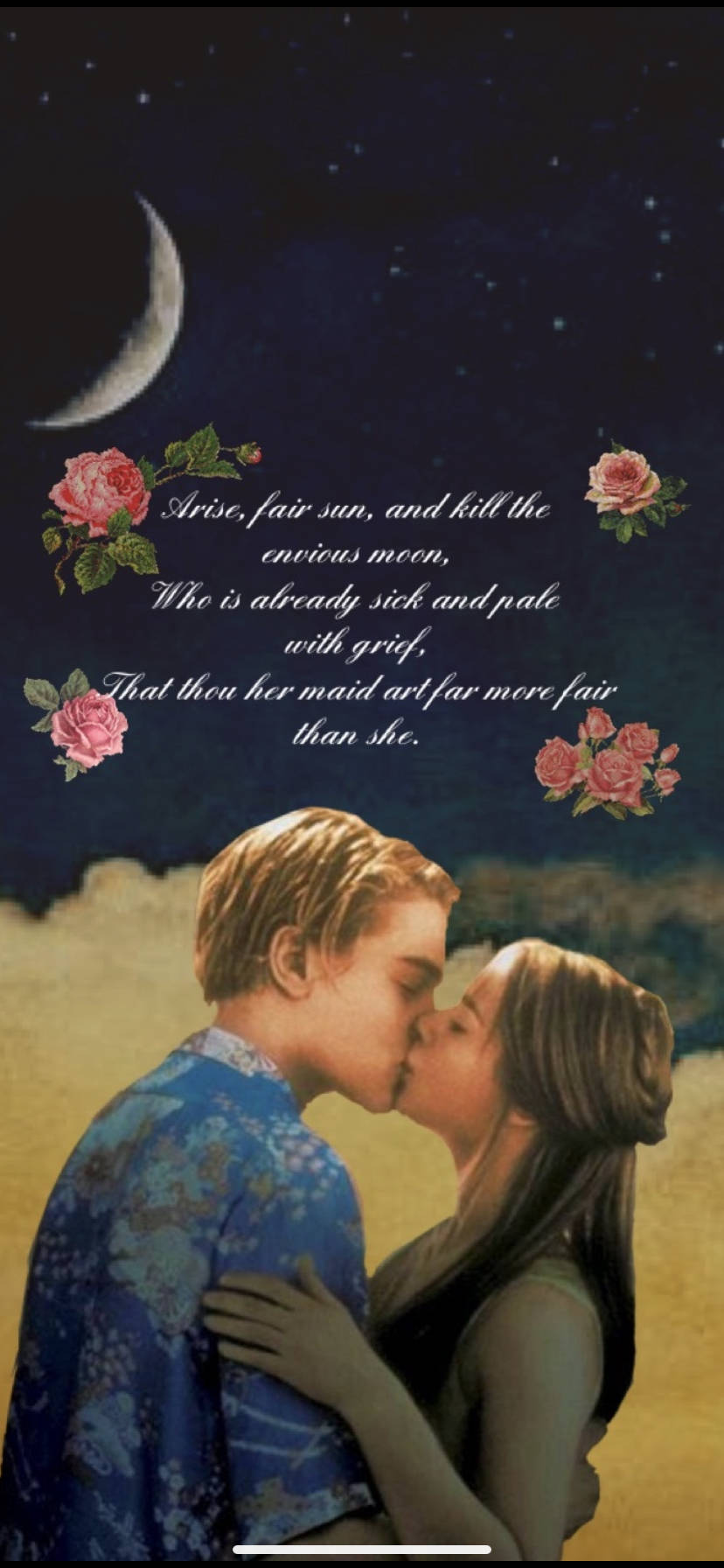 Romeo and Juliet, crescent moon, pink roses, HD Phone Wallpaper
