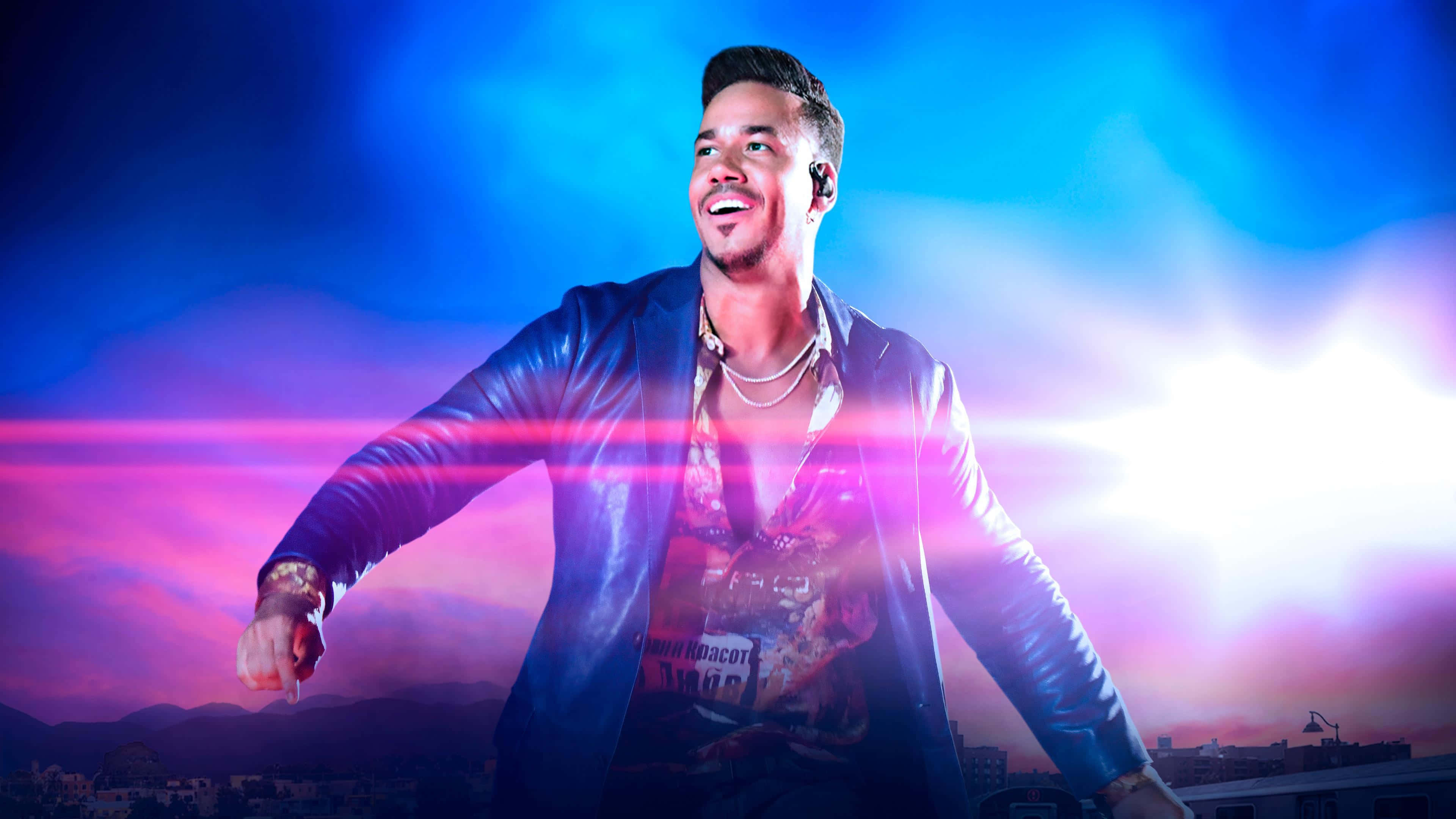 Romeo Santos, leather jacket, vibrant blue and pink neon sky, 4K Desktop Wallpaper