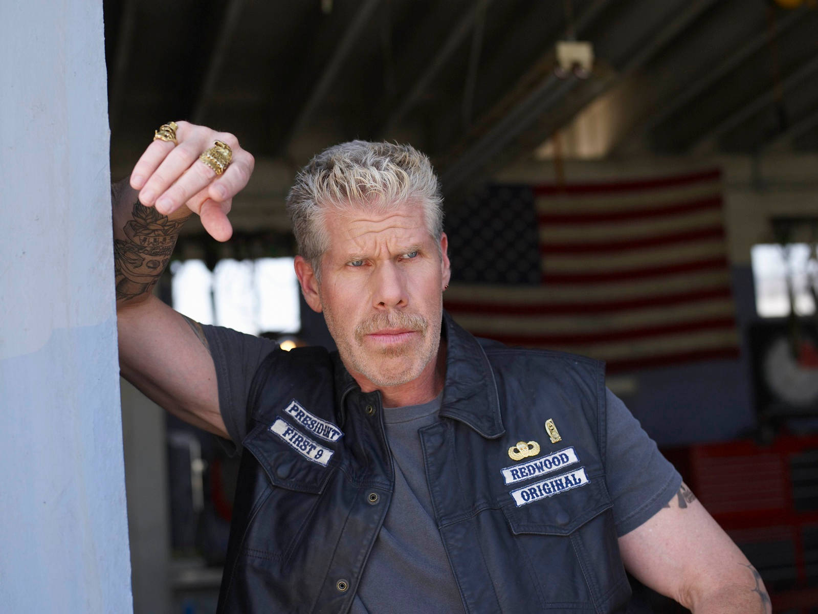 Ron Perlman, leather vest with patches, gold rings, HD Desktop Wallpaper