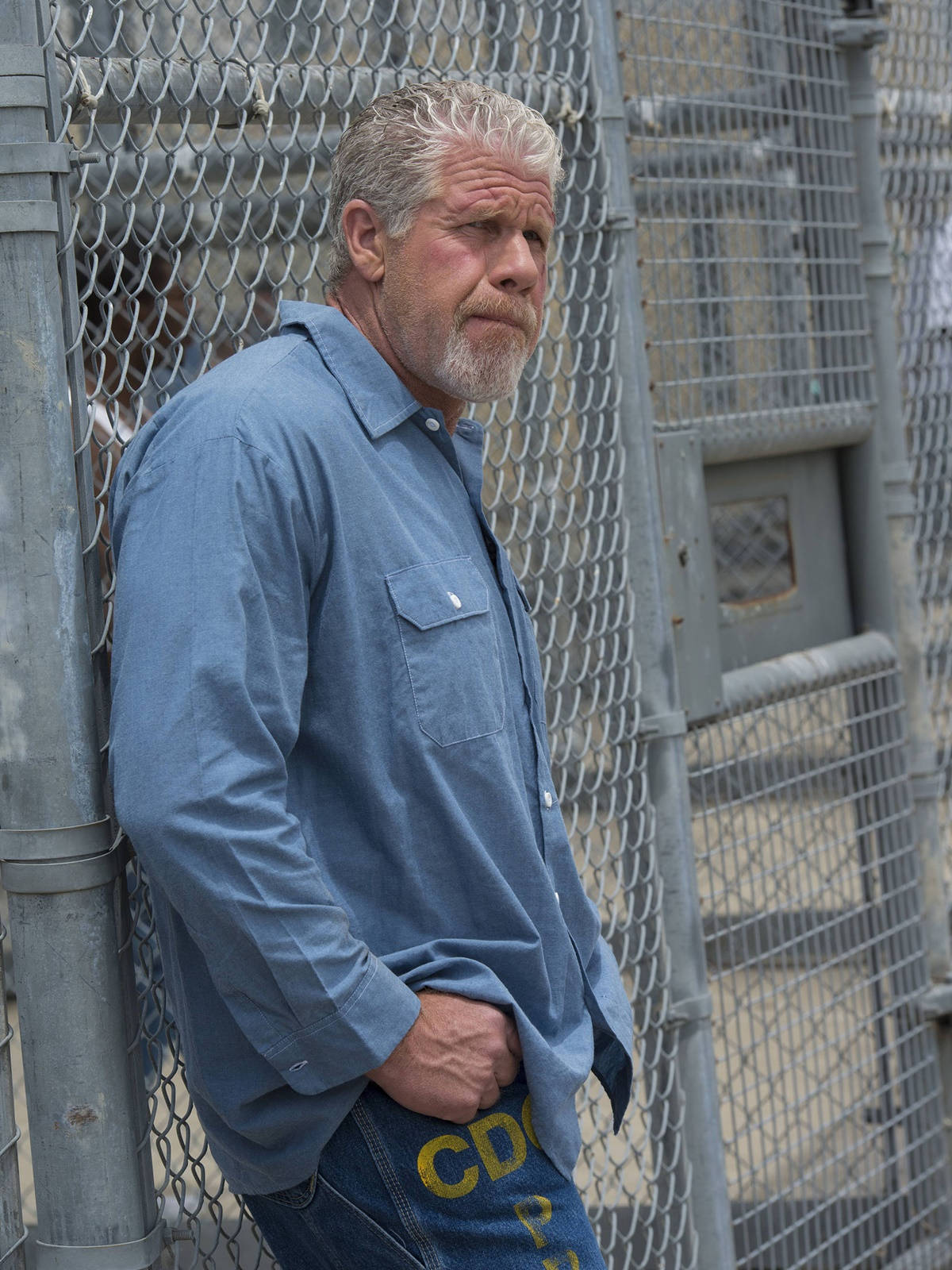 Ron Perlman, chain-link fence, gritty urban setting, HD Phone Wallpaper