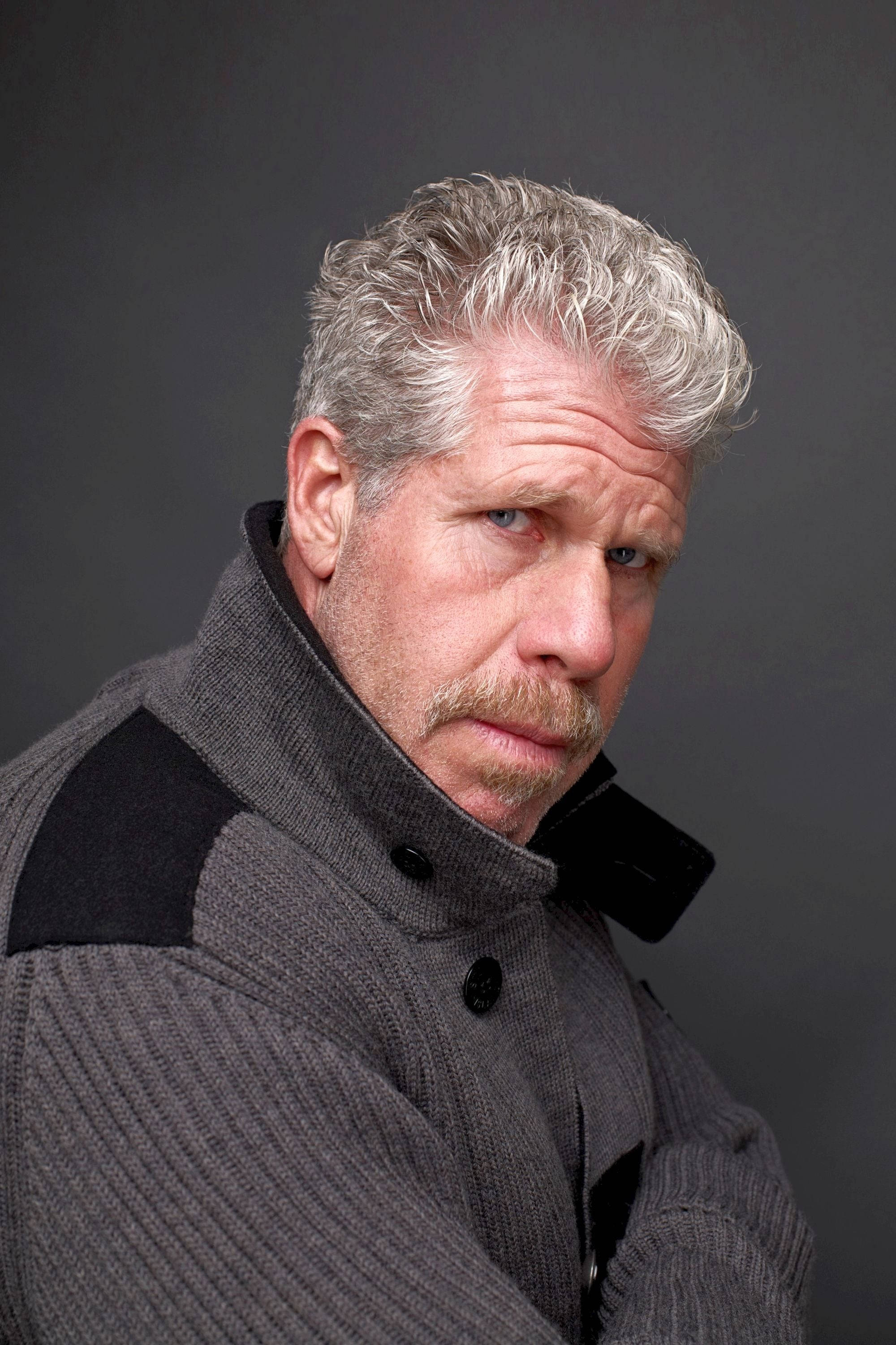 Ron Perlman, high-collared jacket, salt-and-pepper hair, 2K Phone Wallpaper