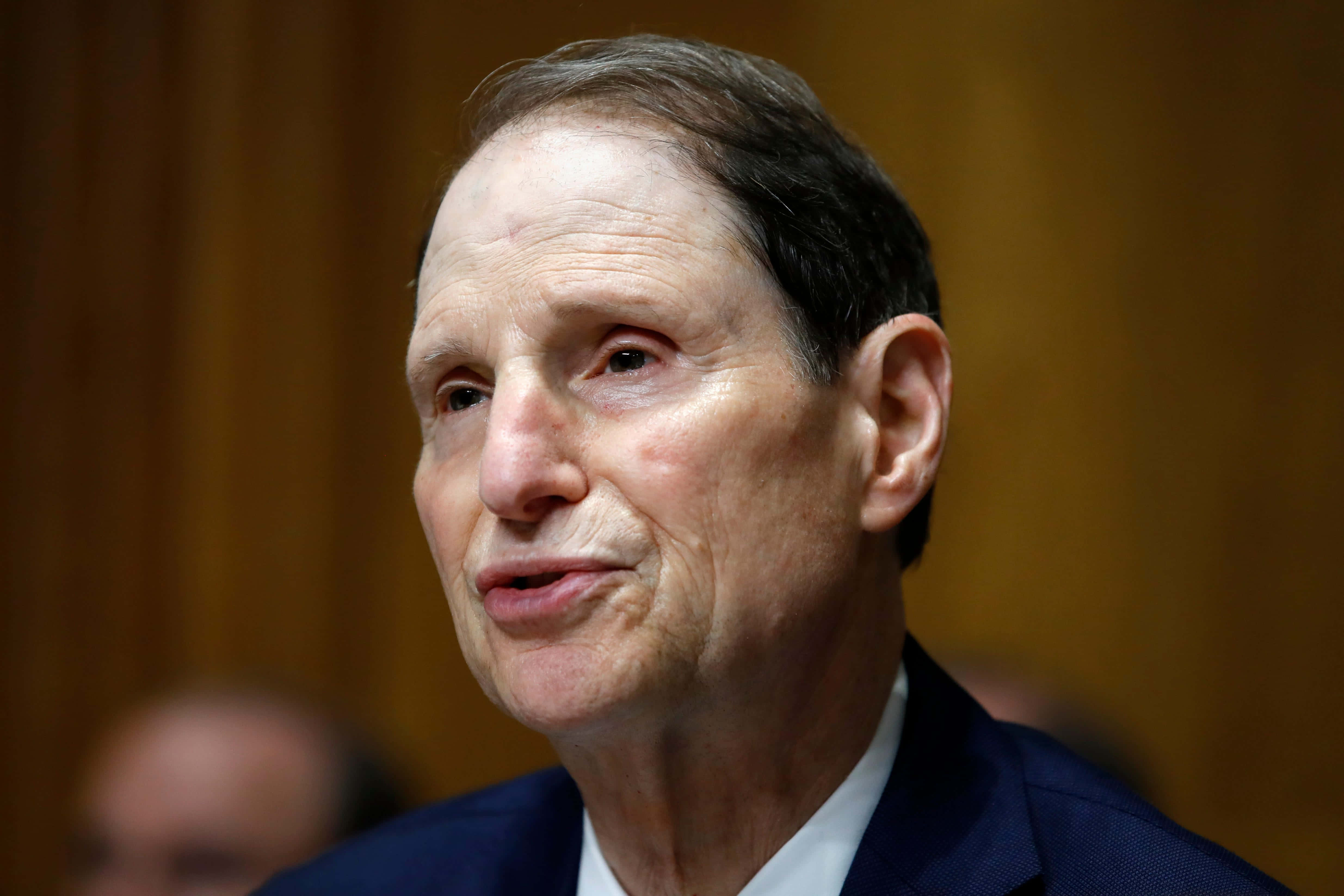 Ron Wyden, dark suit, formal wooden-paneled room, 4K Desktop Wallpaper