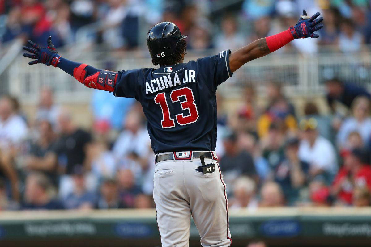 Ronald Acuna Jr., blue uniform, sunlit field, SD Desktop Wallpaper