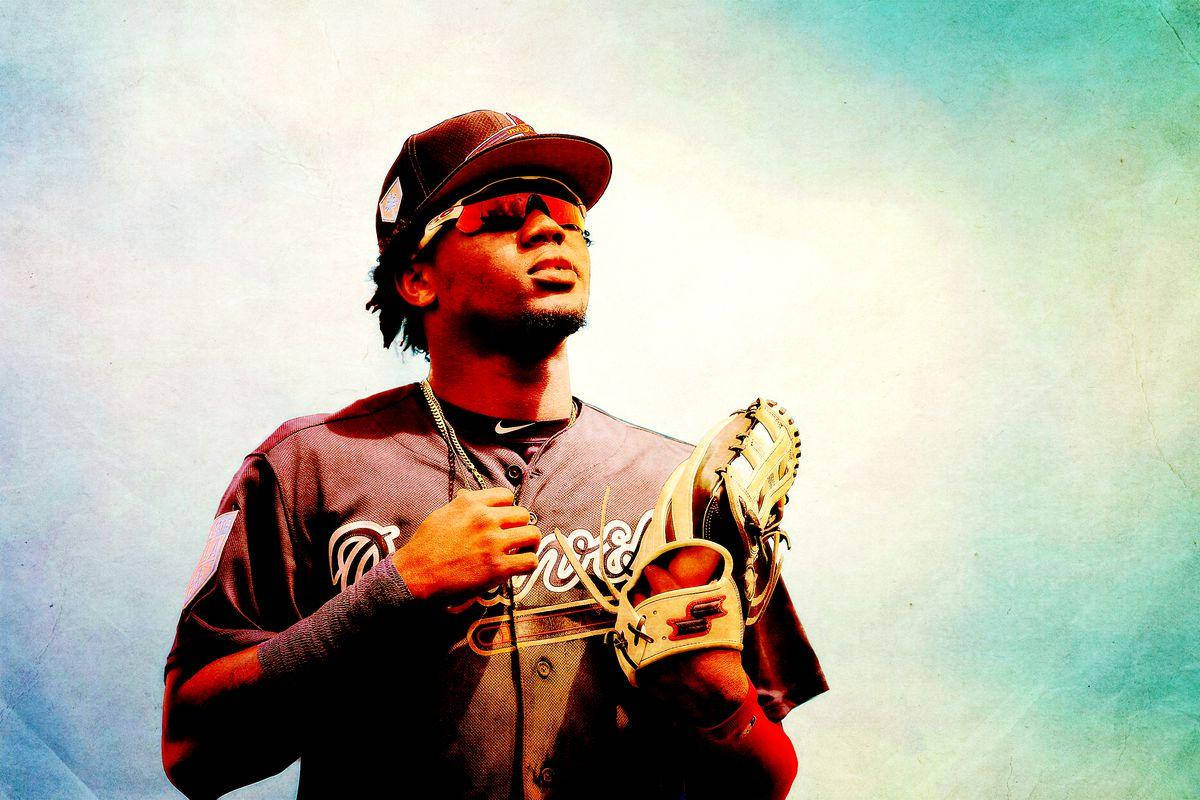 Ronald Acuna Jr, dark jersey, cap, SD Desktop Wallpaper
