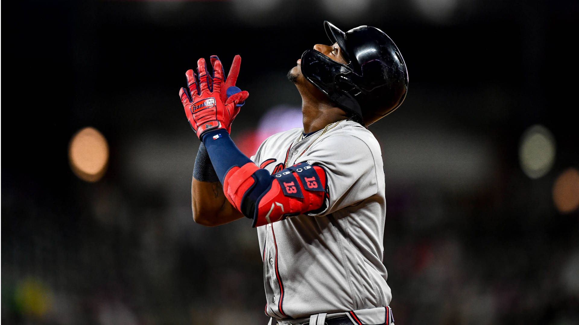 Ronald Acuna Jr, white uniform, red gloves, Full HD Desktop Wallpaper