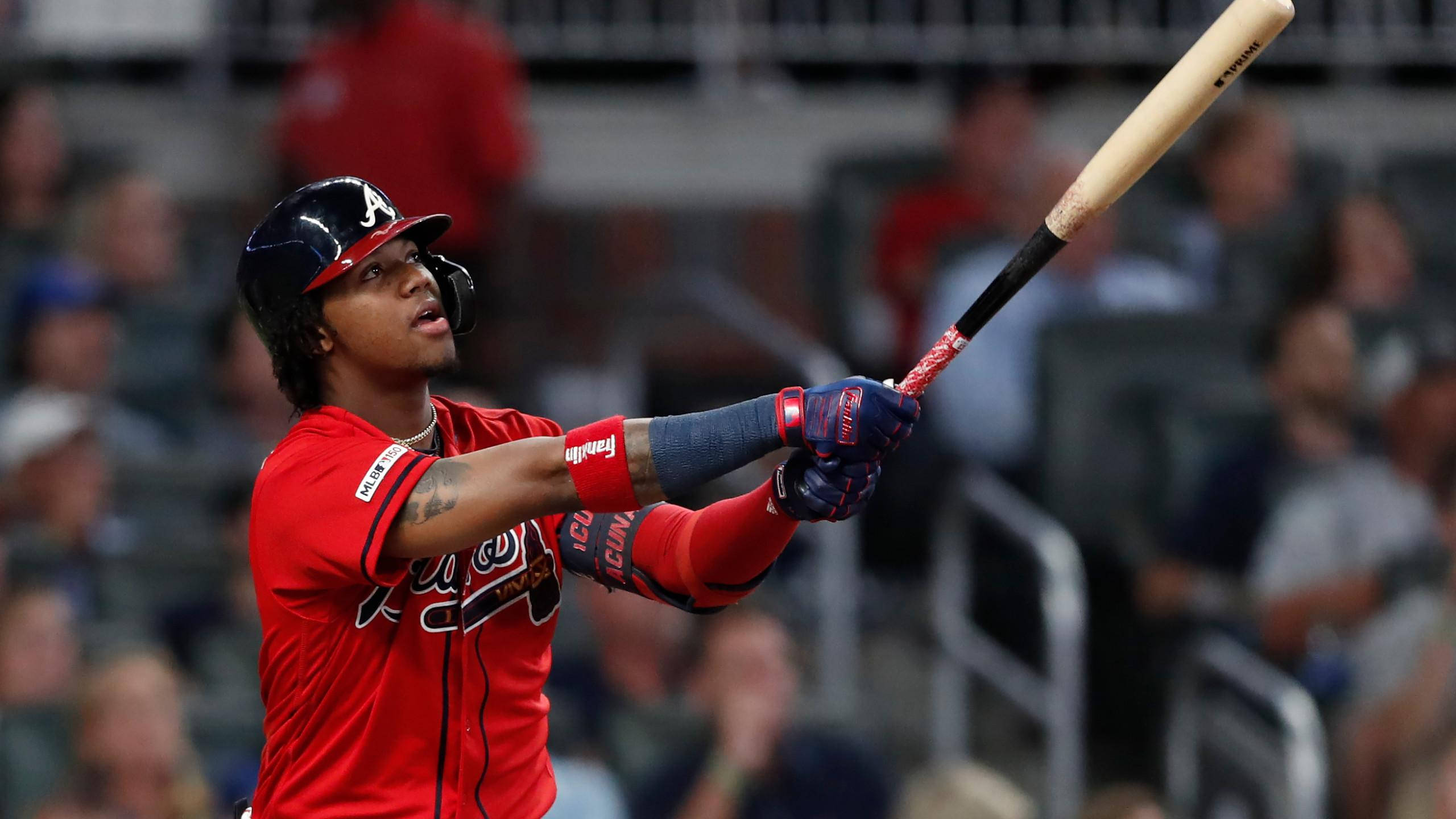 Ronald Acuna Jr, red Atlanta Braves uniform, night game, 2K Desktop Wallpaper