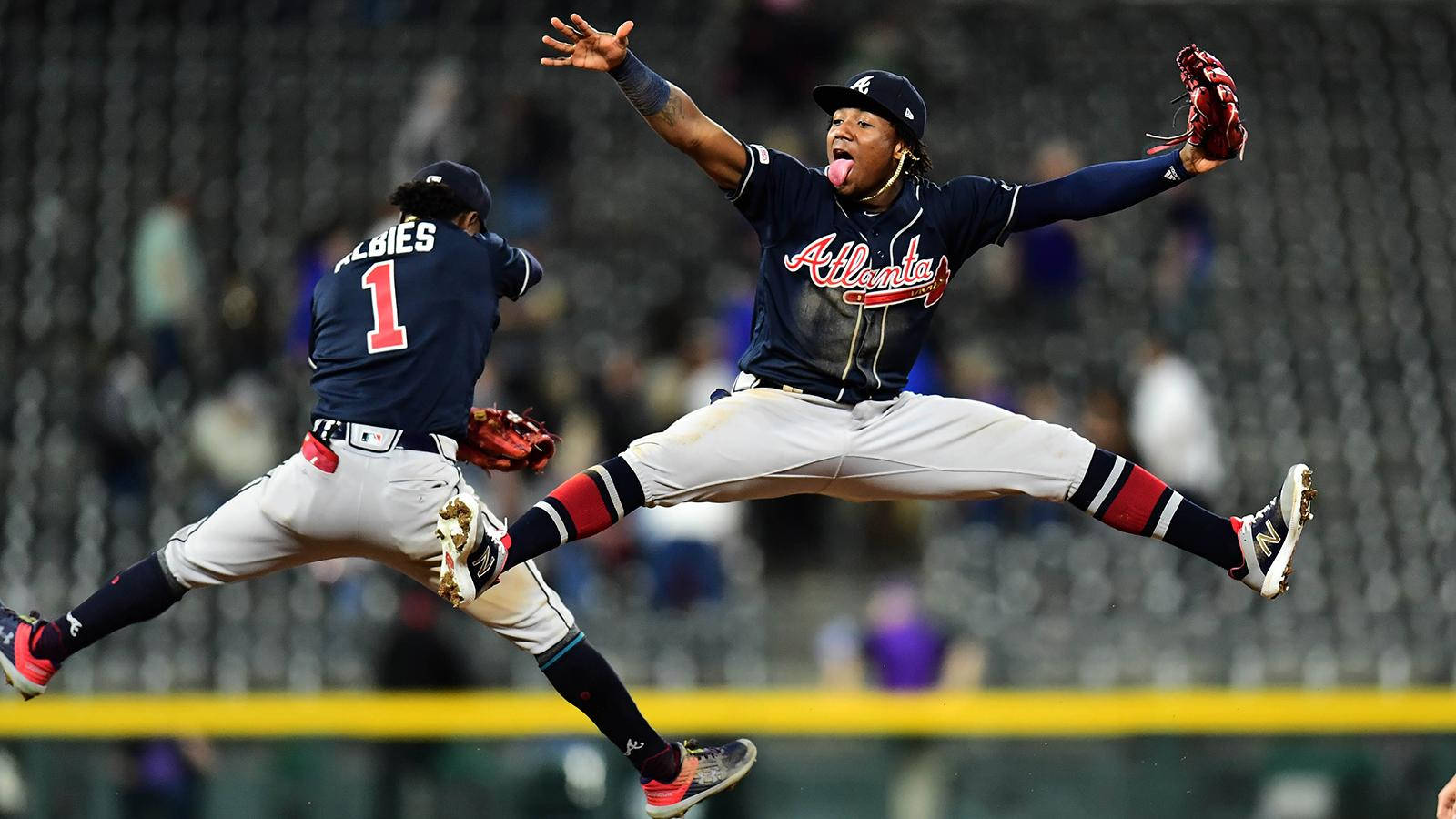 Ronald Acuna Jr, baseball player, leaps midair, HD Desktop Wallpaper