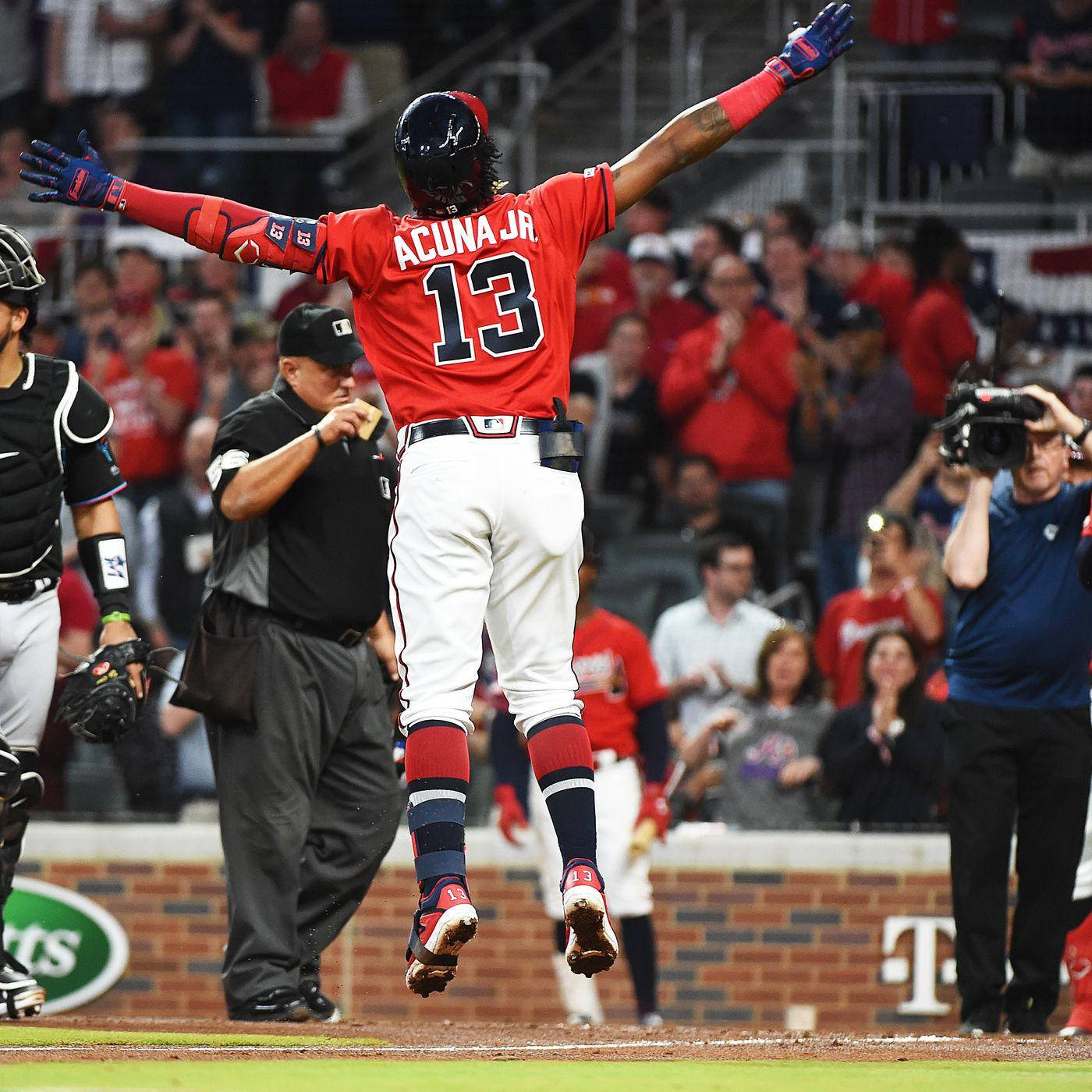 Ronald Acuna Jr., red jersey number 13, home run, HD Desktop Wallpaper