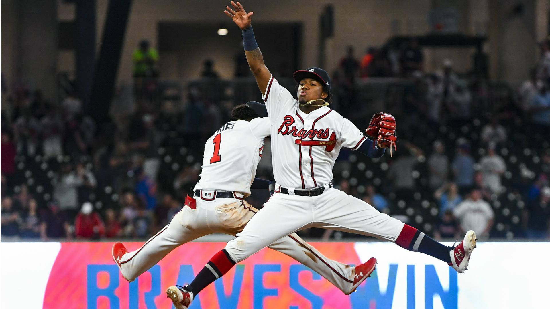 Ronald Acuna Jr, jump catch, nighttime game, Full HD Desktop Wallpaper
