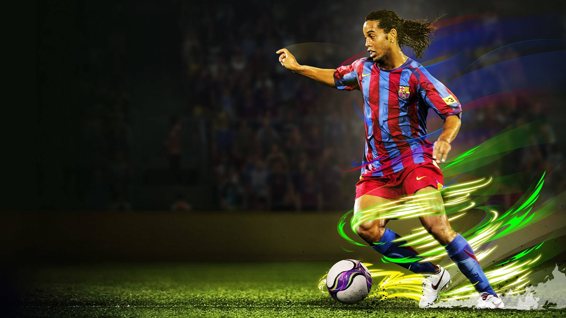 Ronaldinho, red and blue striped jersey, glowing green motion trails, Full HD Desktop Wallpaper