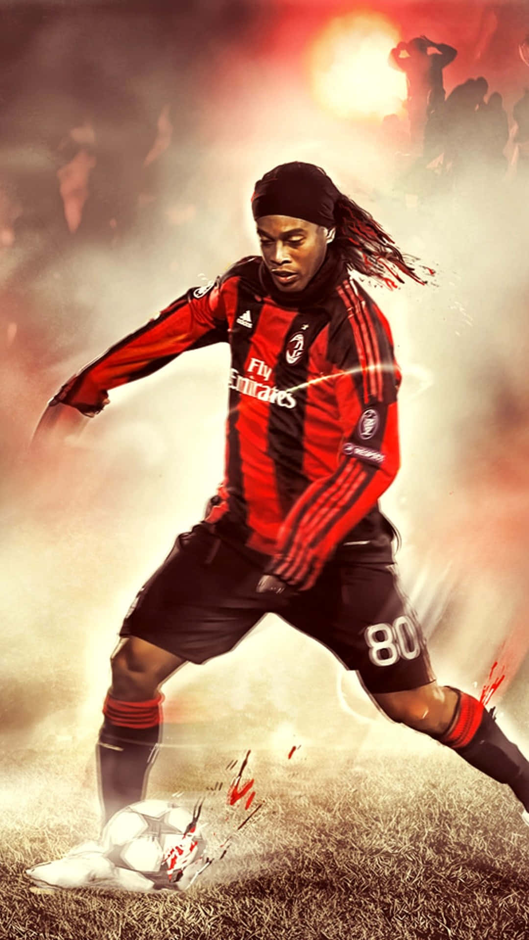 Ronaldinho, red and black stripes, fiery stadium backdrop, Full HD Phone Wallpaper