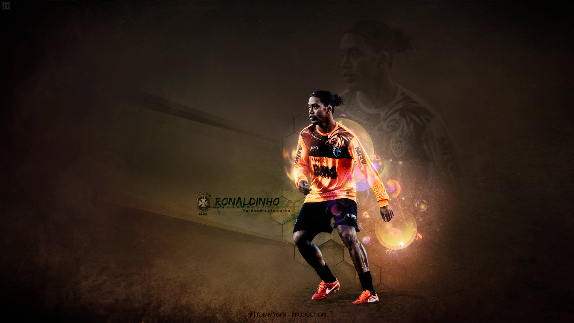 Ronaldinho, orange jersey, fiery light effects, Full HD Desktop Wallpaper
